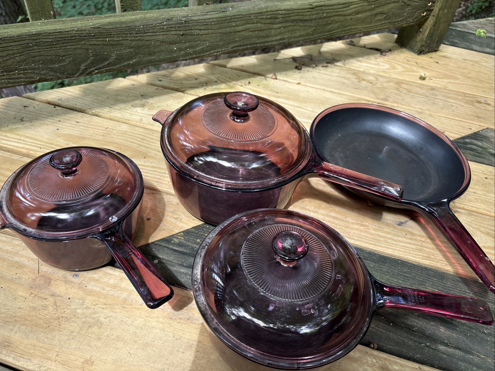 Vintage Cranberry Pyrex Vision Ware Set 1L ,1.5& 2.5L Pots w/ Lids + 10” Skillet