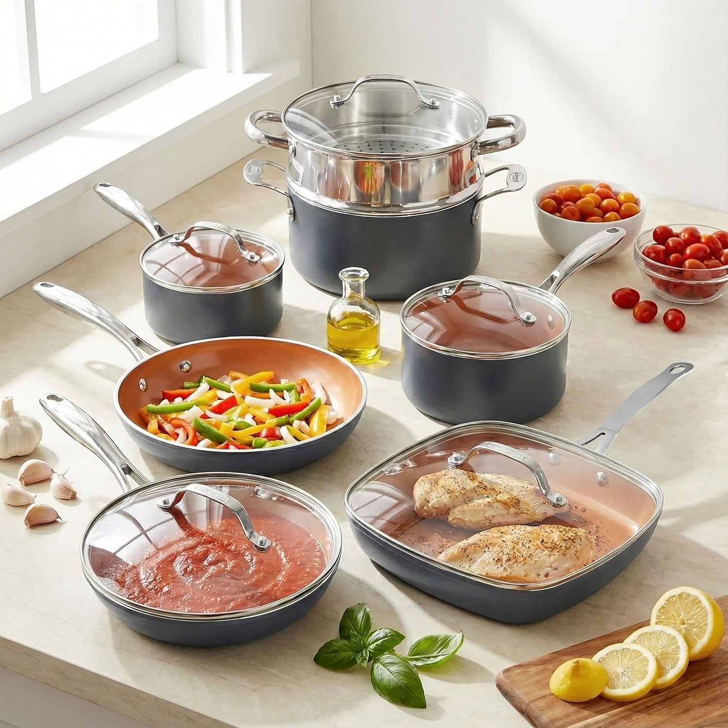 Gotham Steel 12-Piece Ceramic Cookware Set Nonstick Pots Pans Steamer Oven Safe