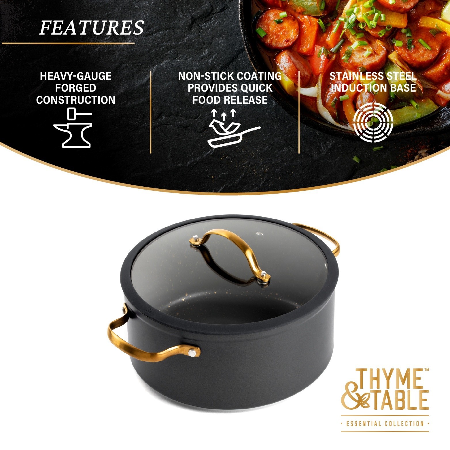 Thyme & Table 5 Qt Non-Stick Stock Pot with Glass Lid in Black & Gold, Signature
