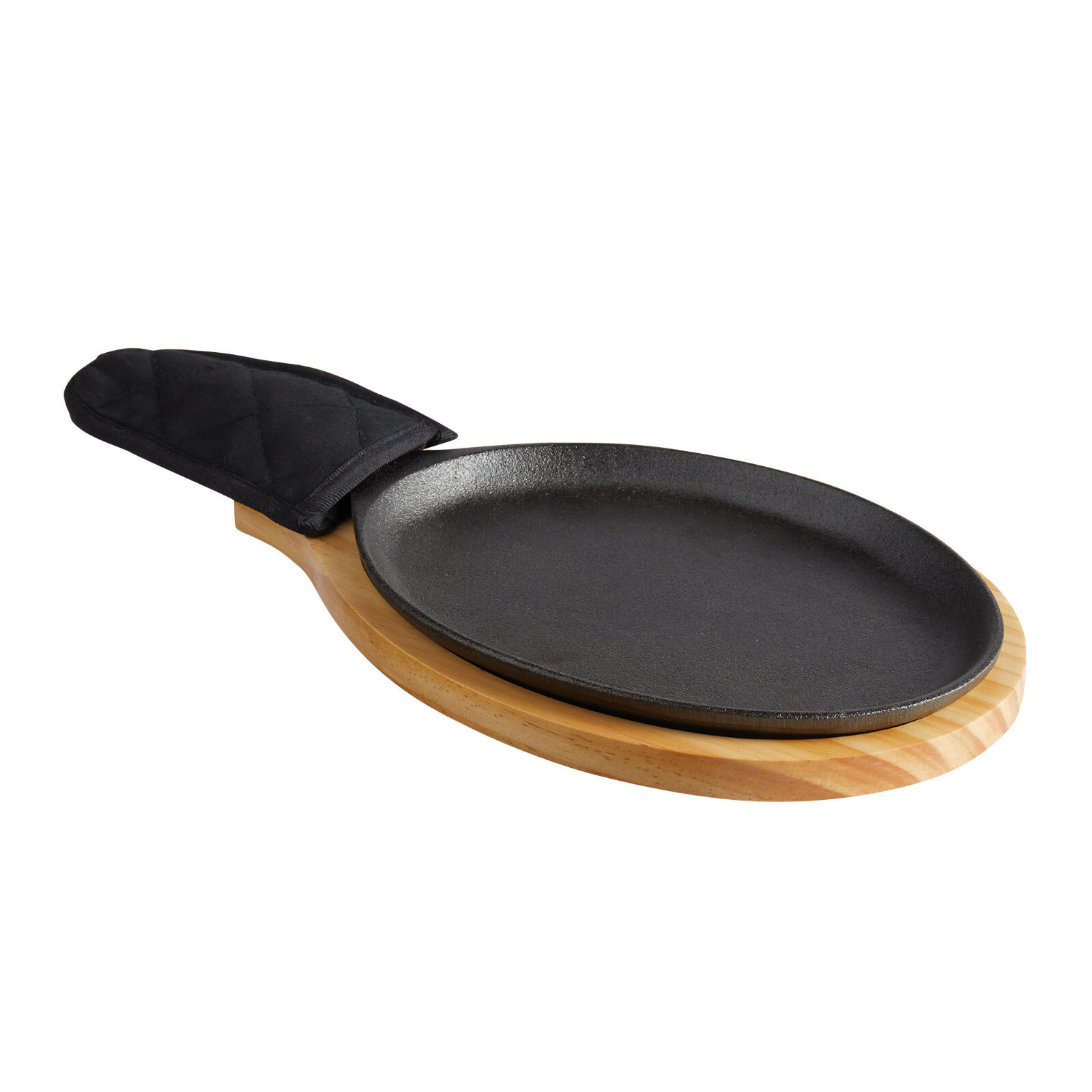 Choice 9 1/4″ x 7″ Oval Cast Iron Fajita Pan Set with Wood Serving Underliner