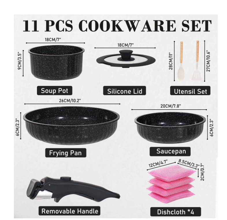11pc Nonstick Cookware Set Removable Handle Induction Stackable Granite