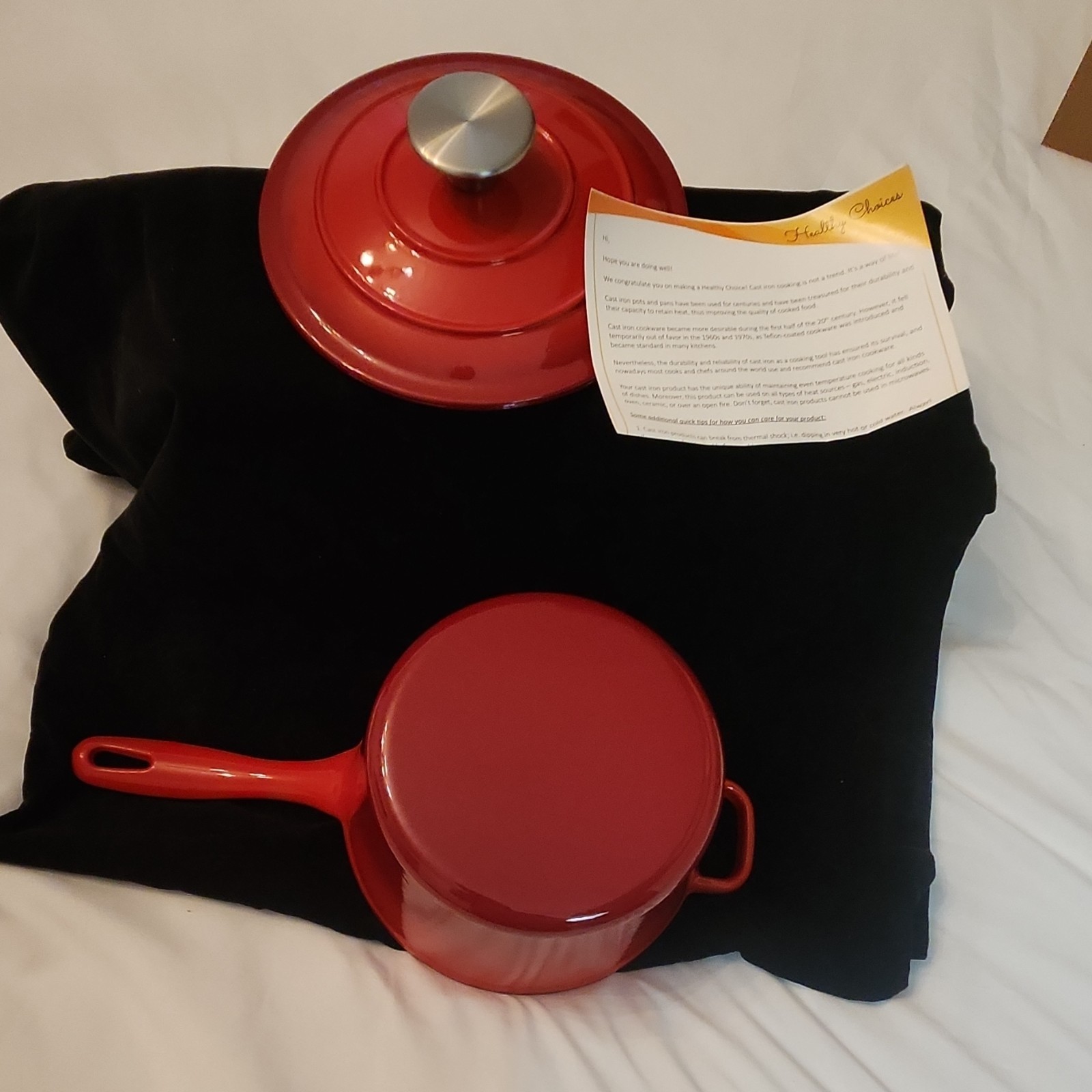 Cast Iron Red Saucepan with Lid, Double Handle