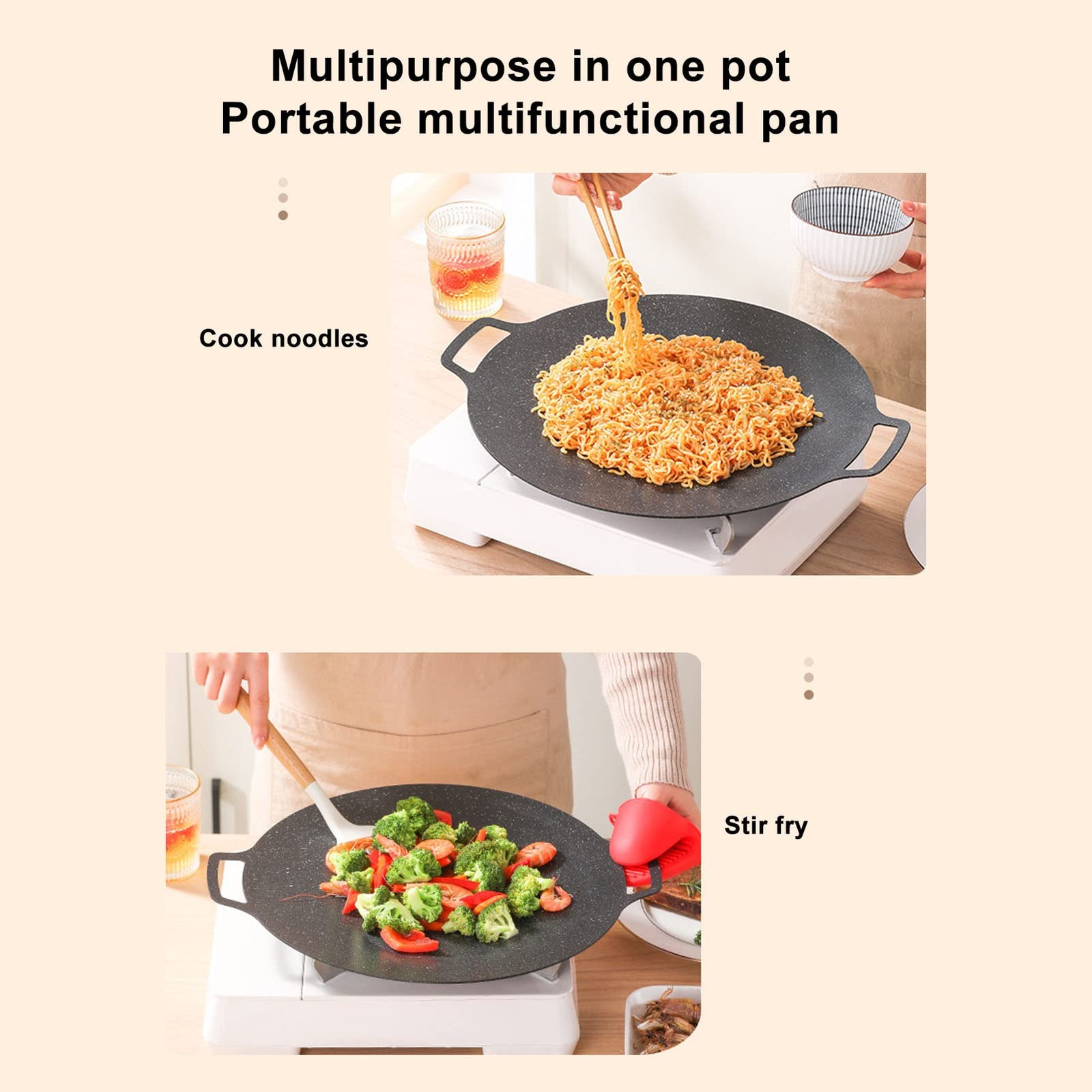 Korean Grill Pan 14.17 Inch Nonstick Round Griddle BBQ Plate with Handle