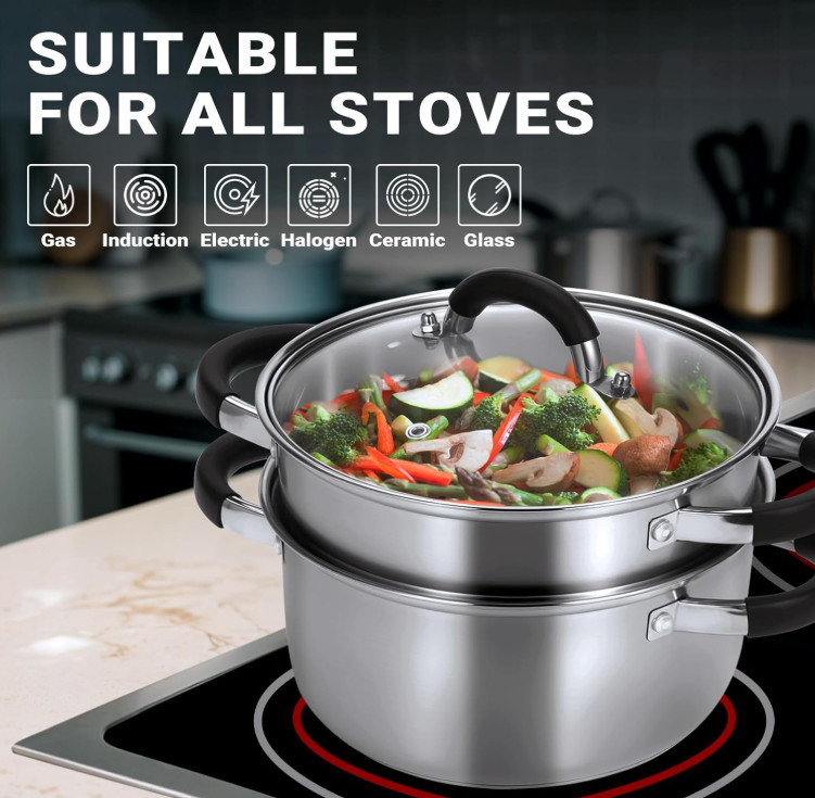 Olla Vaporera 3,2 QT Acero Inoxidable Fondo Triple para Cocinar al Vapor y Hervi