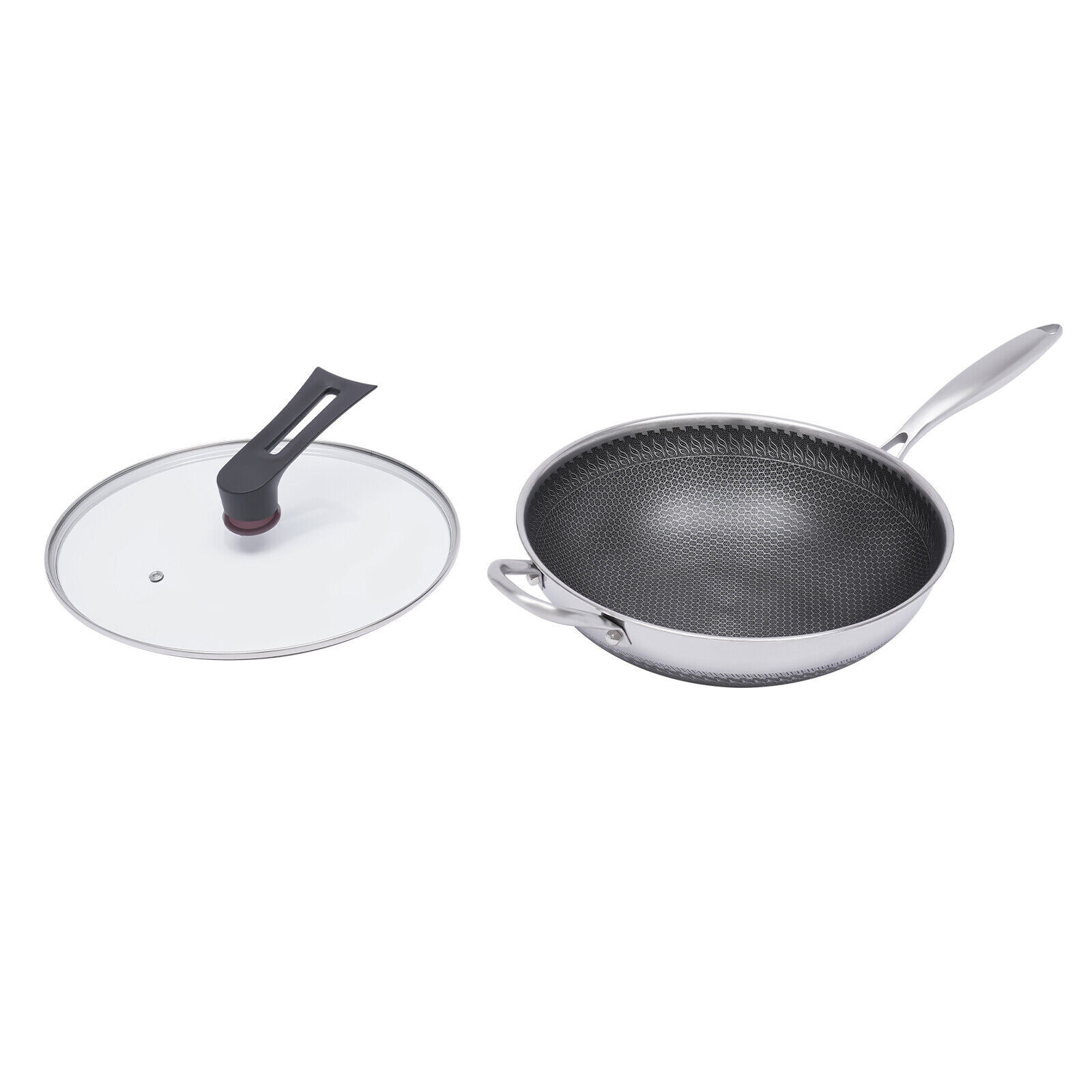 Non Stick Double Sided Honeycomb Cooking Frying Wok Pan with Lid Stainless Steel