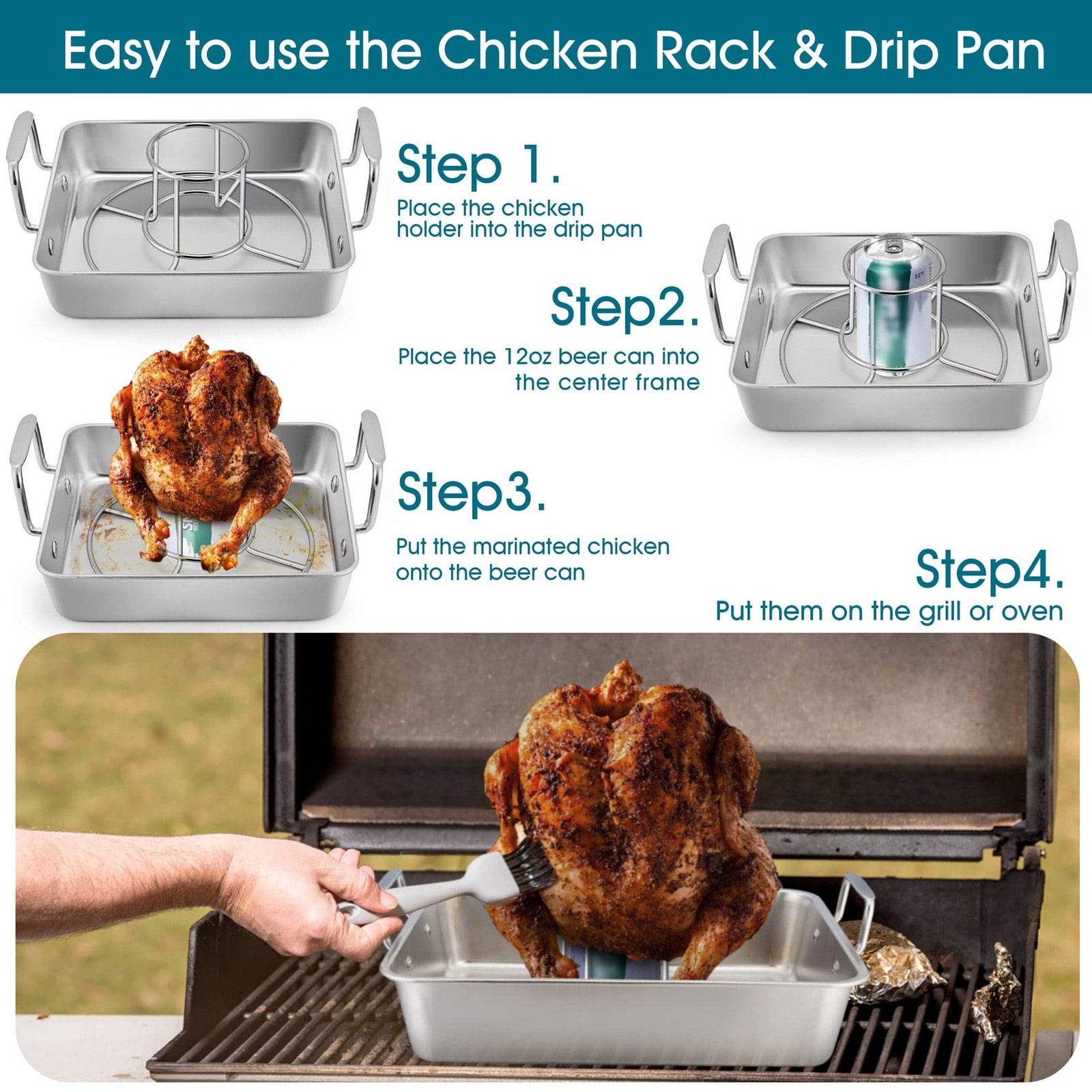 TeamFar Roasting Pan with Beer Can Chicken Holder, Stainless Steel Drip Pan with