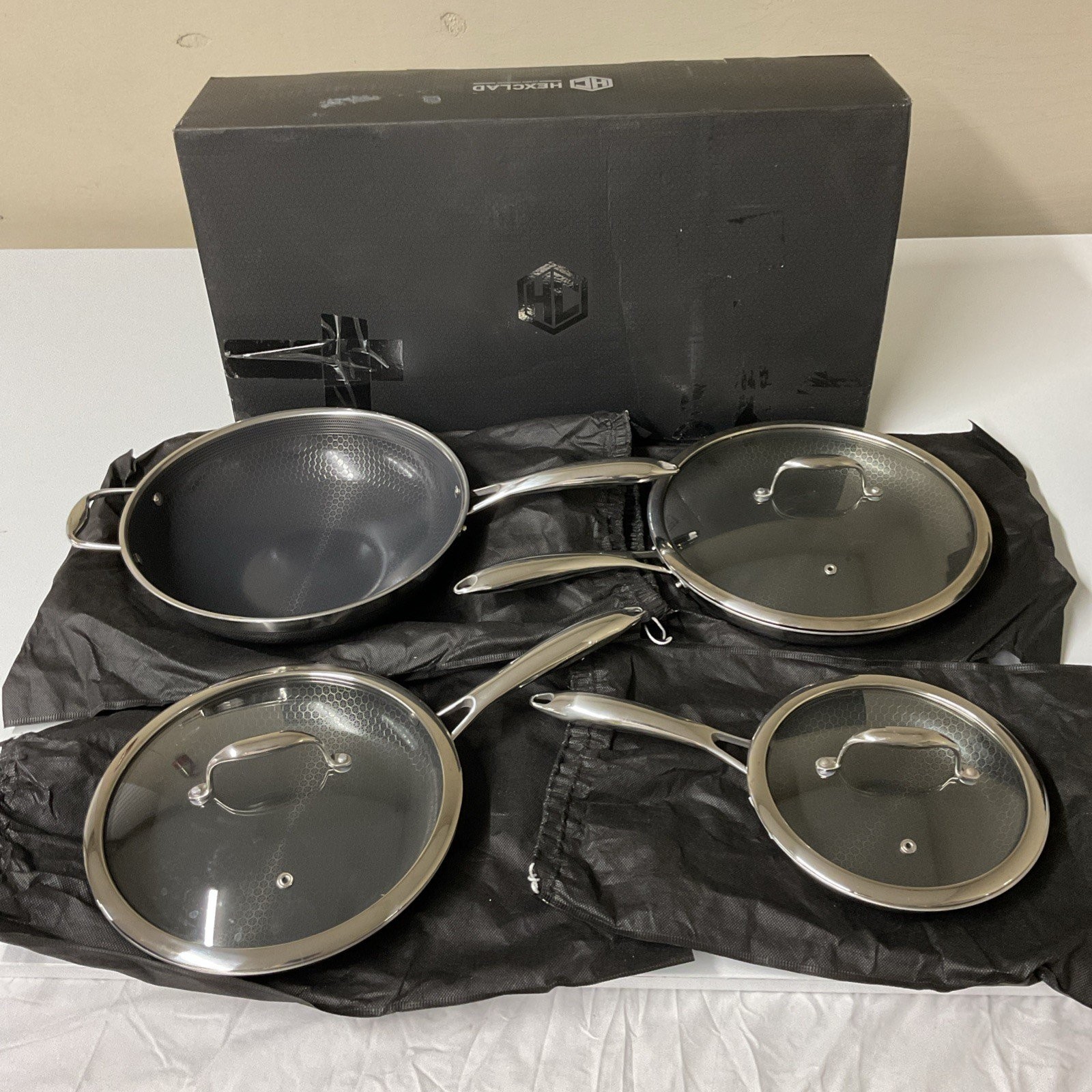 HexClad Hybrid 7-Piece Cookware Fry Pan Set 8” 10” 12” Inch W/ Lids & 12” Wok
