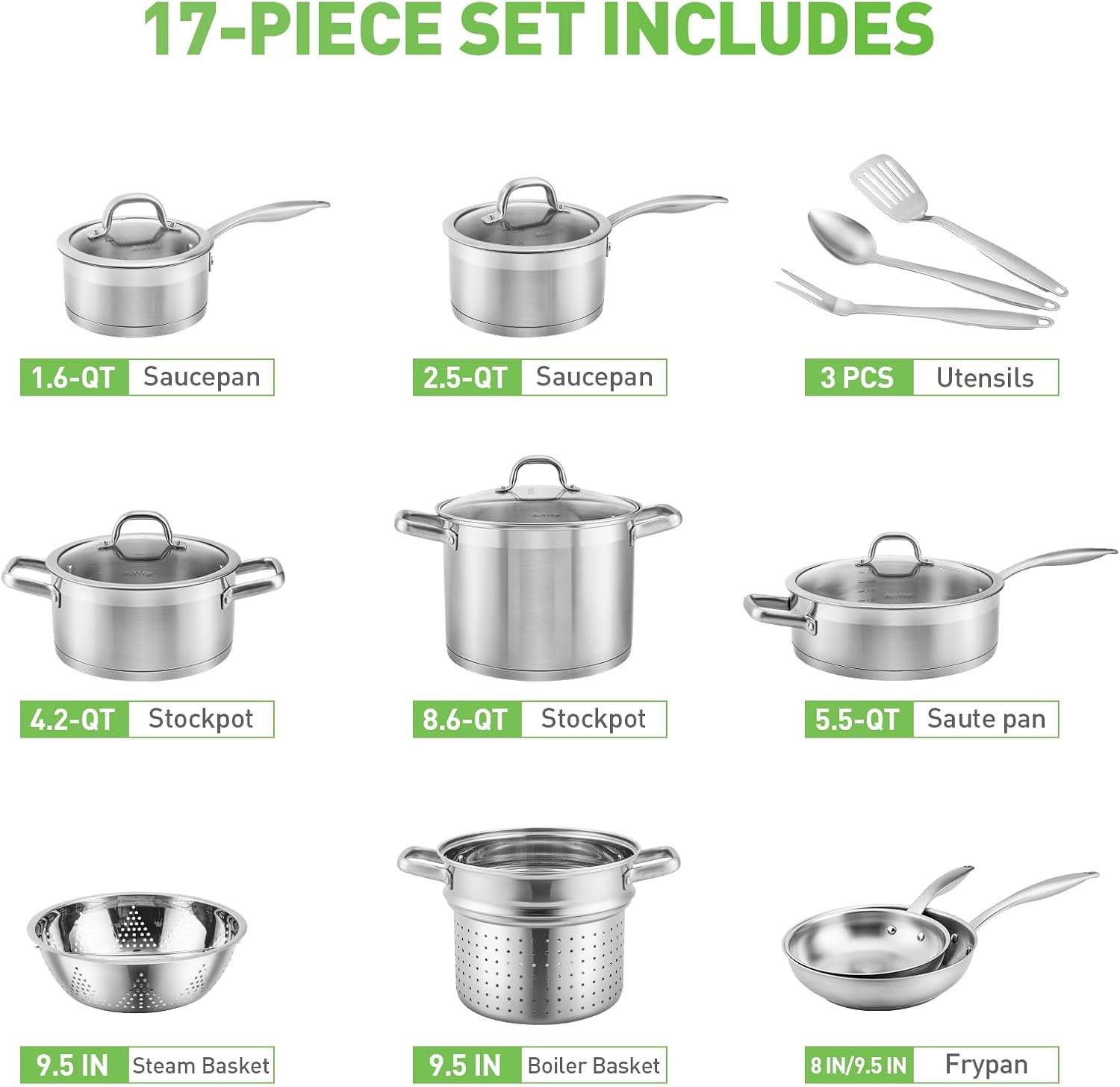 17PC Professional Stainless Steel Induction Cookware Set with Impact-Bonded Tech