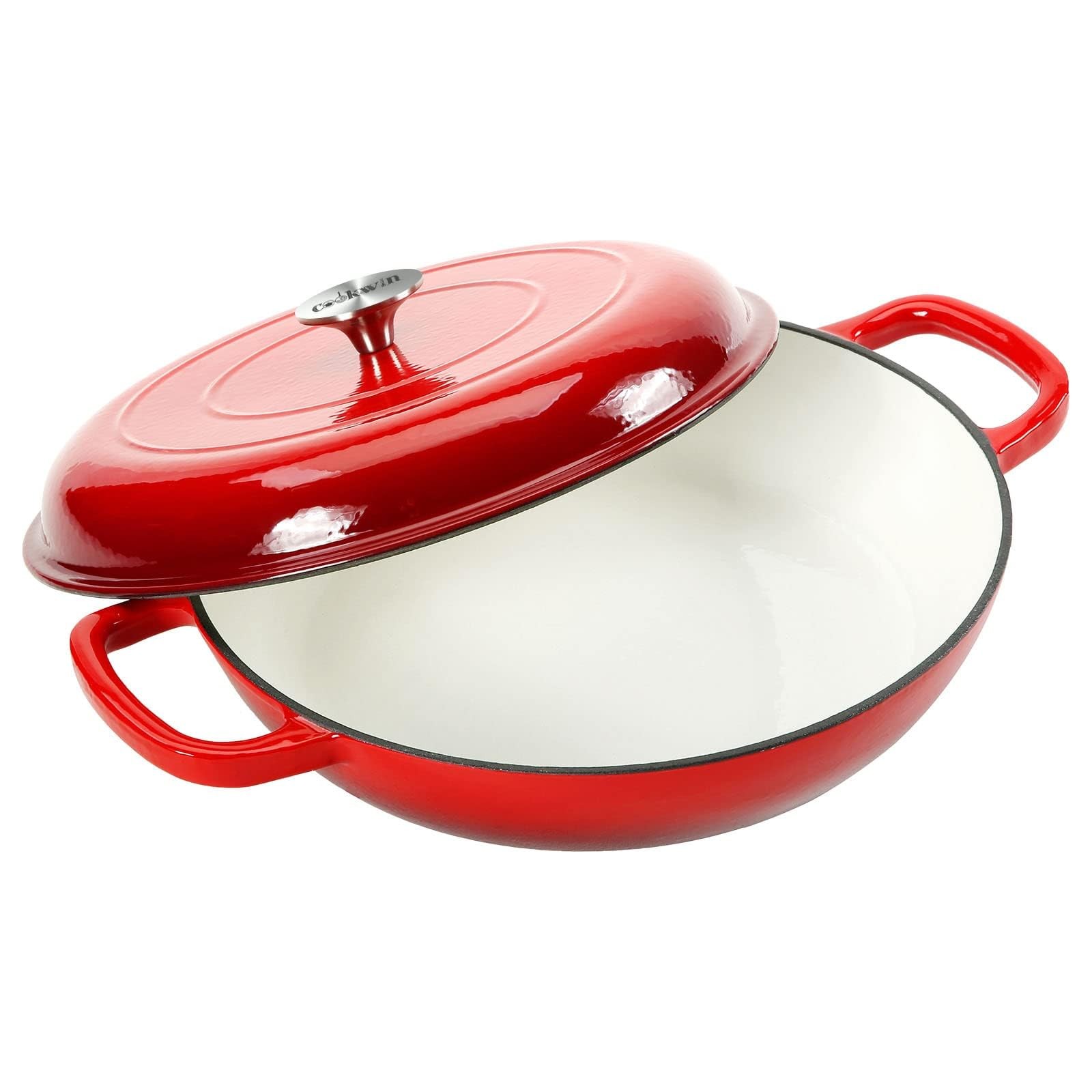 COOKWIN Cast Iron Casserole Braiser, 3.8 Quart Enameled 3.8QT, Red