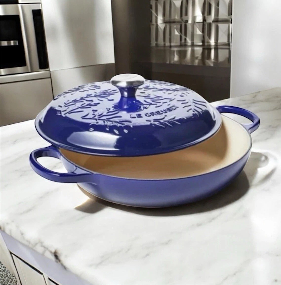 Le Creuset Olive Branch Collection Signature Iron Braiser 3.5 qt Indigo Blue NEW