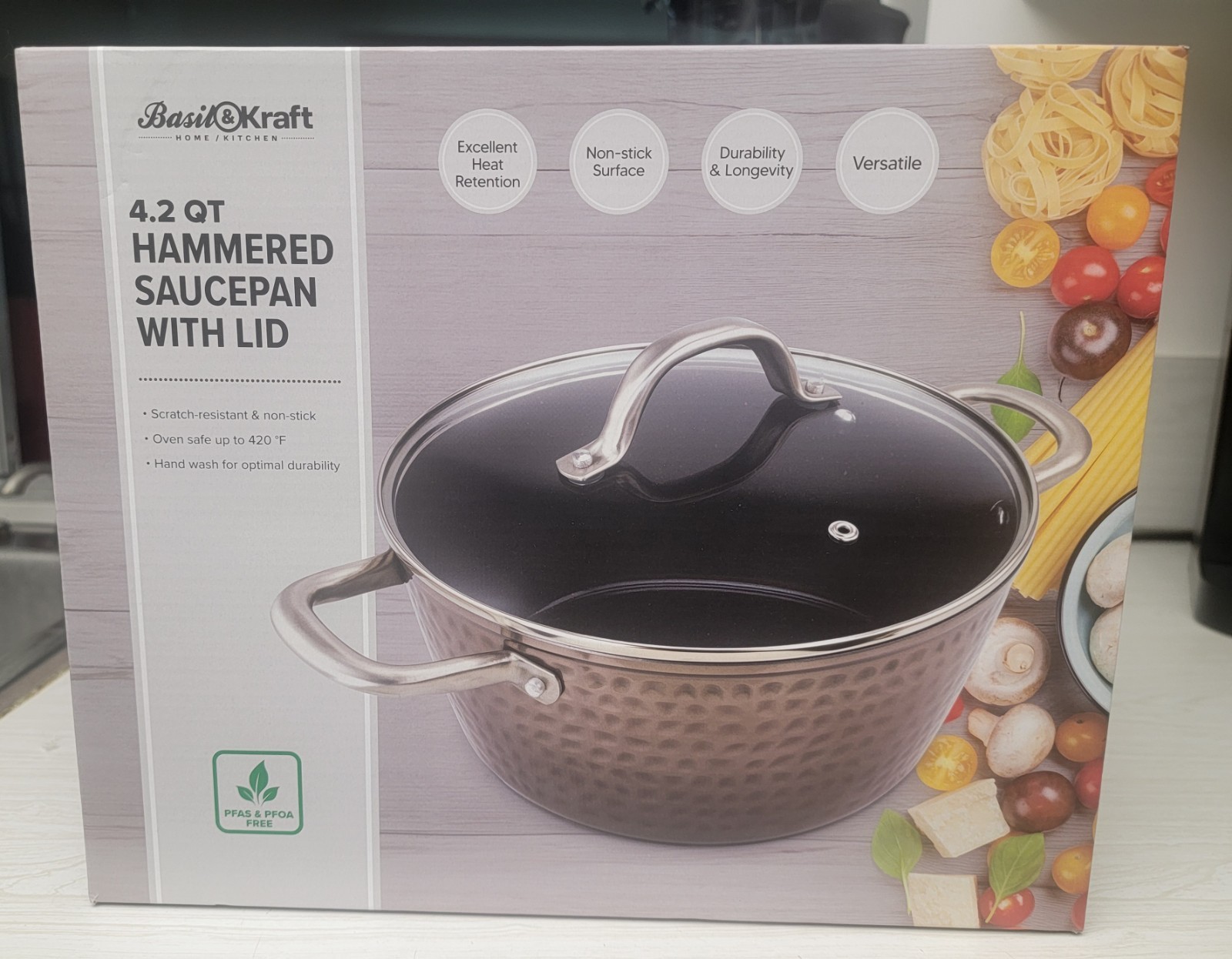 Basil & Kraft 4.2 Qt Hammered Saucepan With Lid