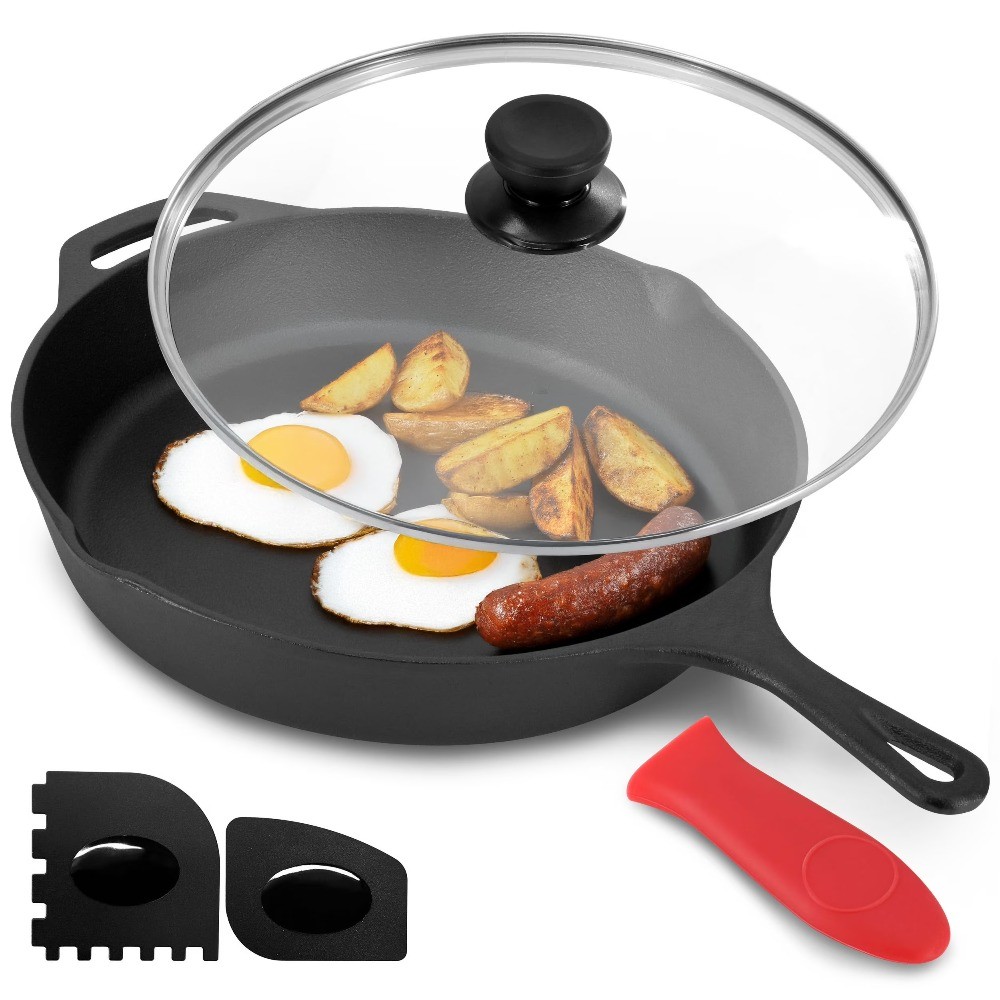 12 in Oven Safe Cast Iron Skillet with Tempered Glass Lid