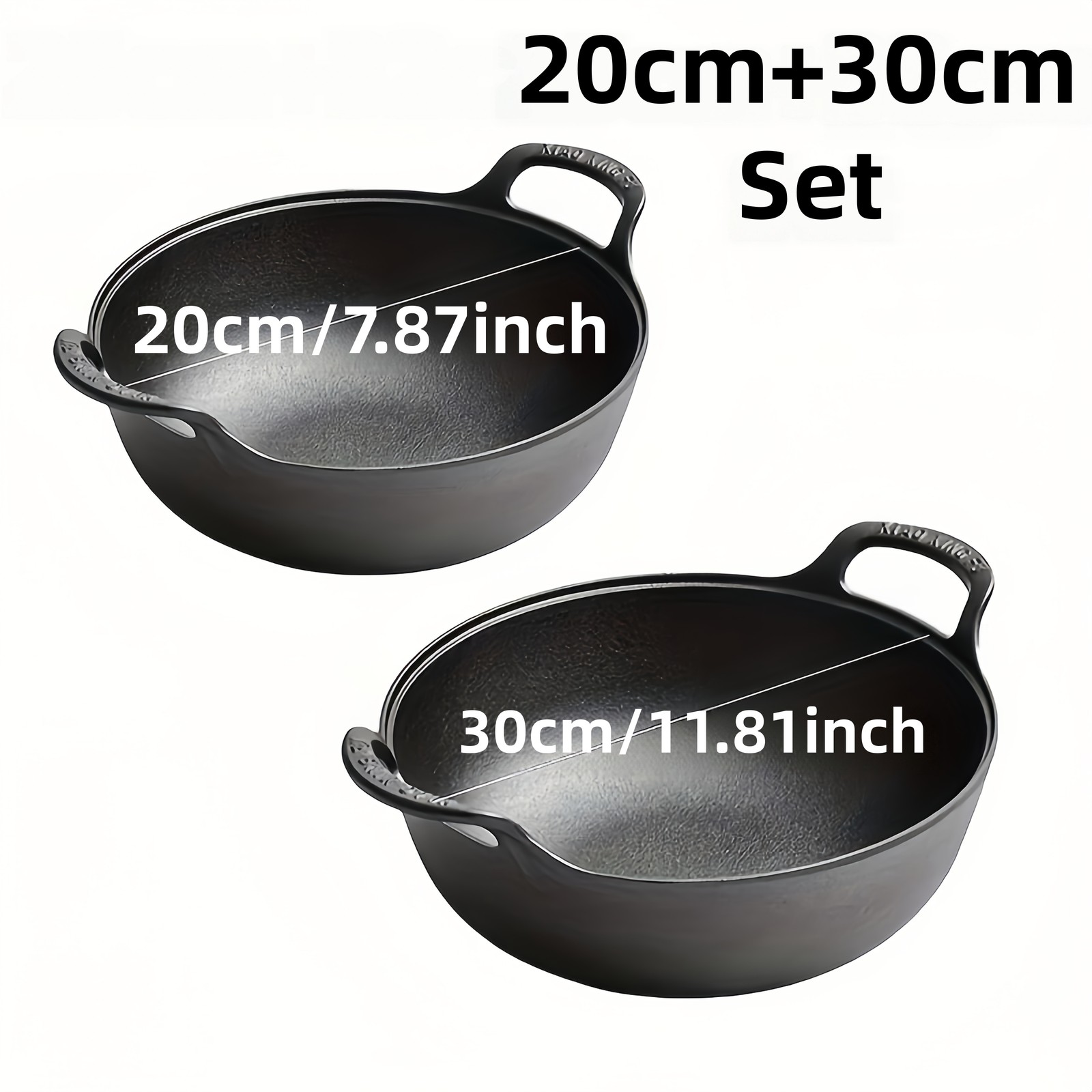 2-Piece Heavy-Duty Cast Iron Wok Set, 7.87in & 11.81in Traditional Uncoated