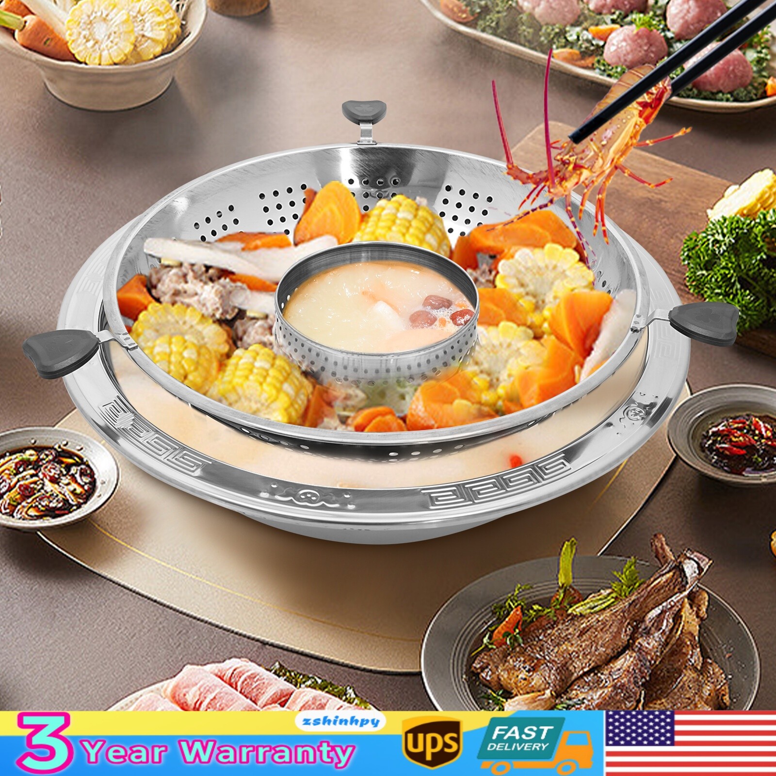 Stainless Steel Chinese-style Rotary Lifting Hot Pot with Divider Fit most stove