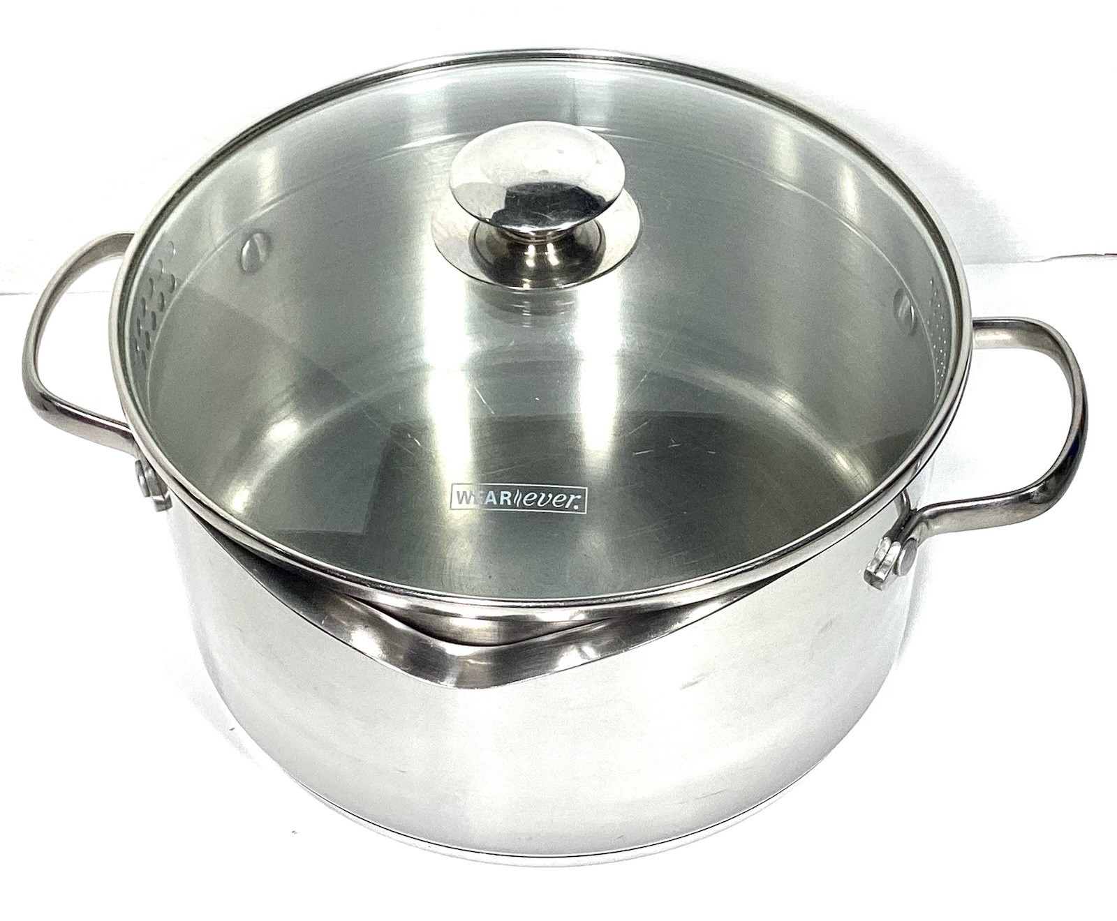 WearEver Stainless Steel 5.5 Qt Stock Pot W/ Double Pour Spouts & Strainer Lid