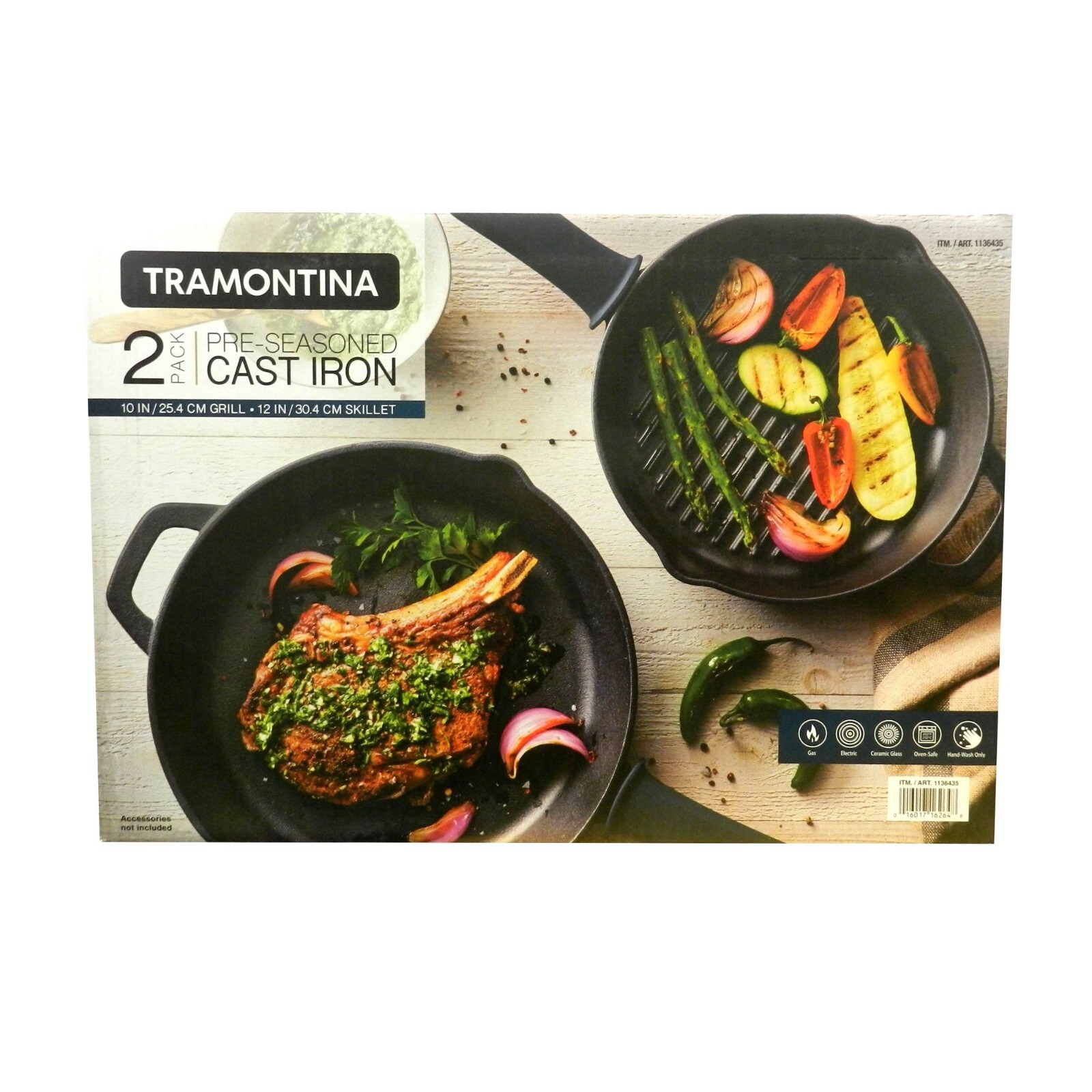 Tramontina Pre-Seasoned Cast Iron Grill Pan + Skillet 10 in Grill 12 in Skillet