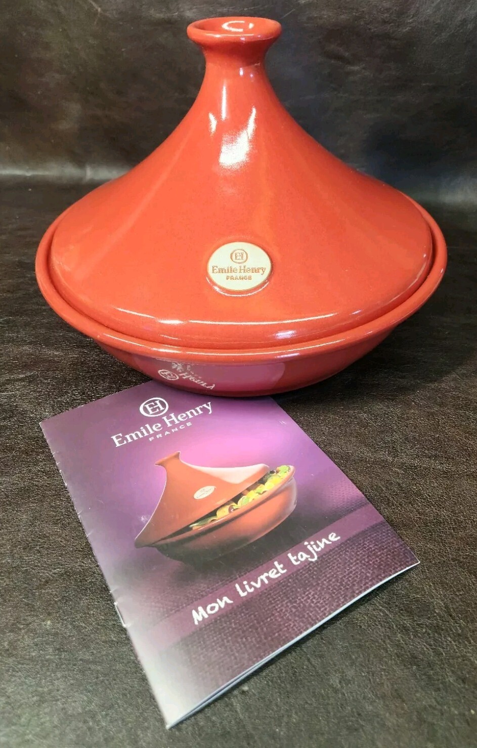 Emile Henry Large Flame Red Tagine, 3.7 Quarts 12.5″ D. W/Booklet, READ