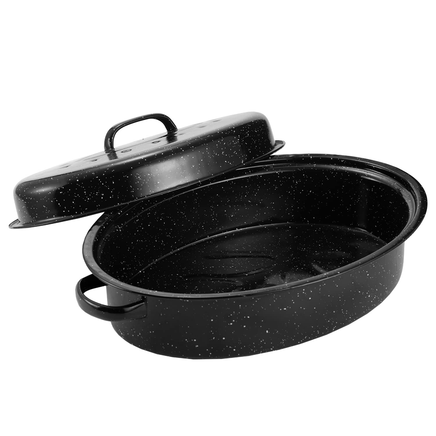 Granite Roasting Pan, Medium 15.7” Enameled Roasting Pan with Domed Lid. Oval…