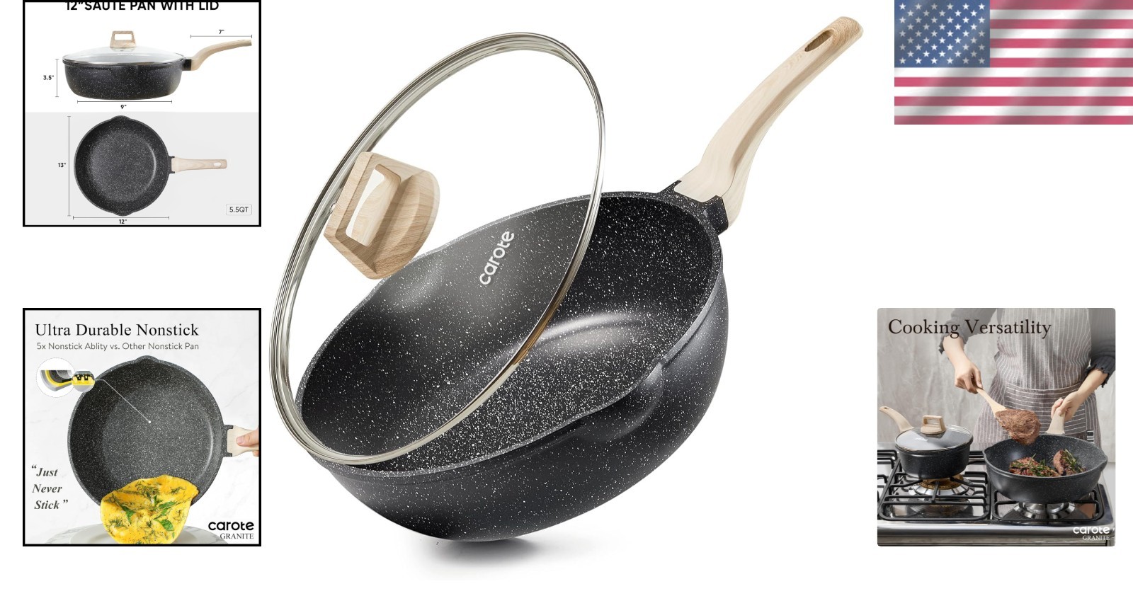 12-Inch Nonstick Deep Frying Pan with Lid – Classic Granite Induction Skillet