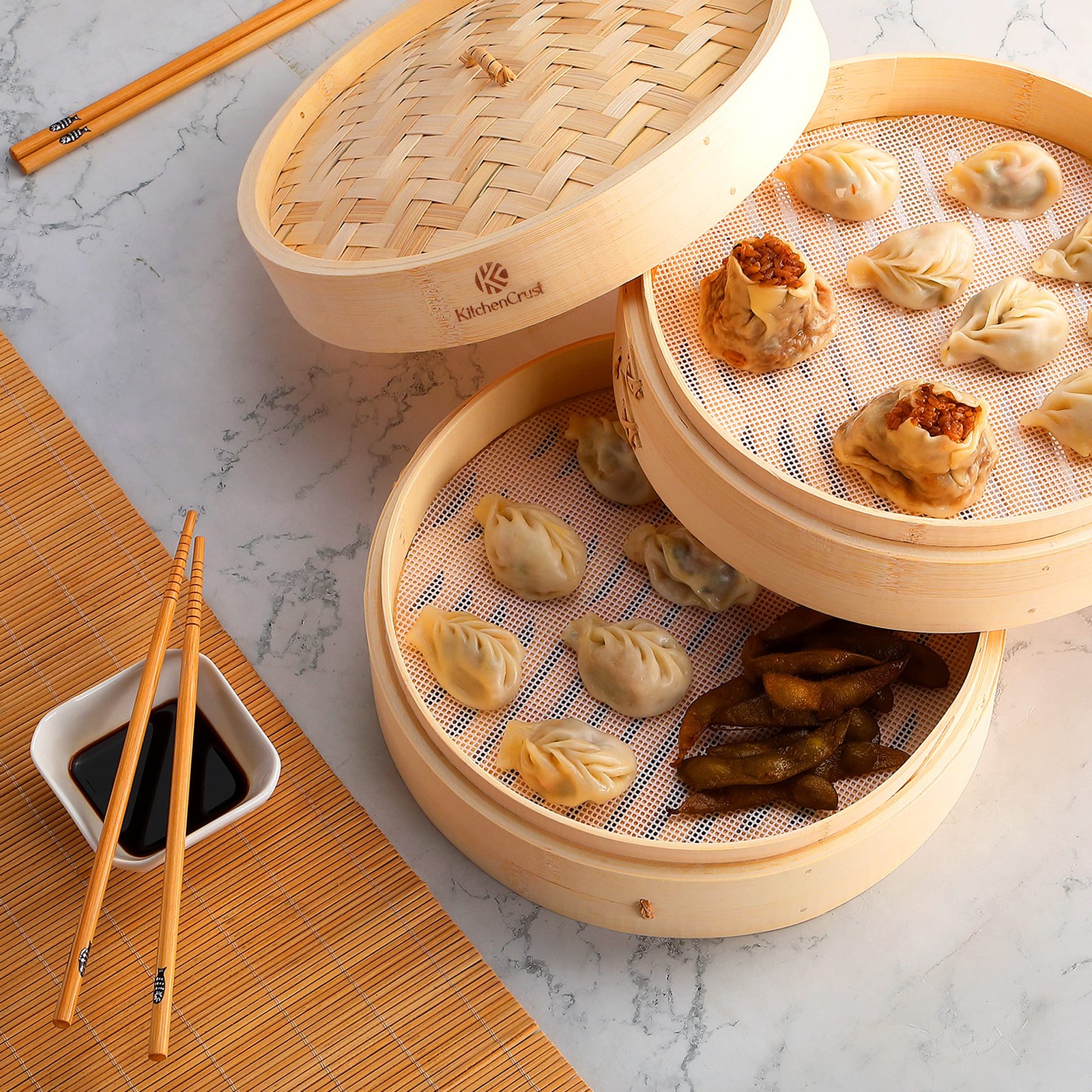 Bamboo Steamer Basket for Chinese Asian Cuisine – 2 Tier 10-Inch Steaming Bas…