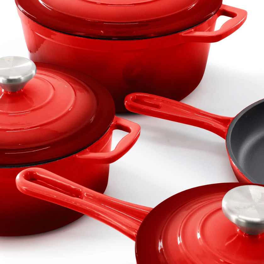 7-Piece Enameled Cast Iron Cookware Set Red Dutch Oven Pots & Pans
