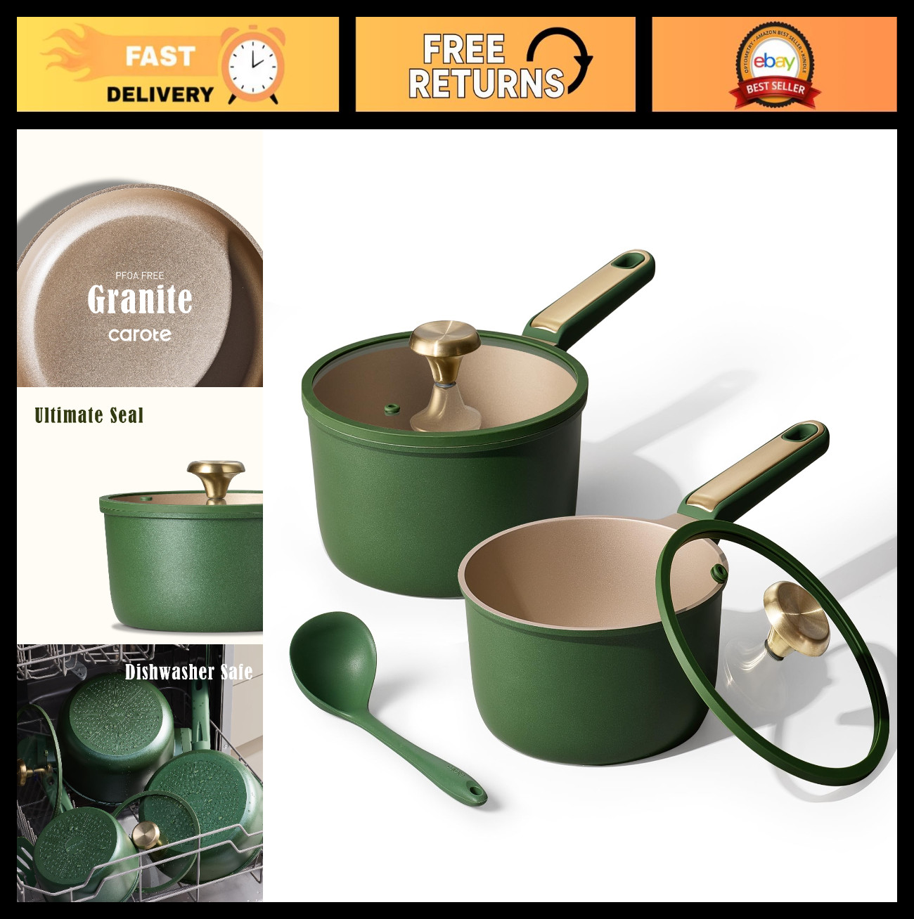 Nonstick 2QT & 2.5QT Saucepan Set with Lid & Ladle, Induction Compatible, Easy C