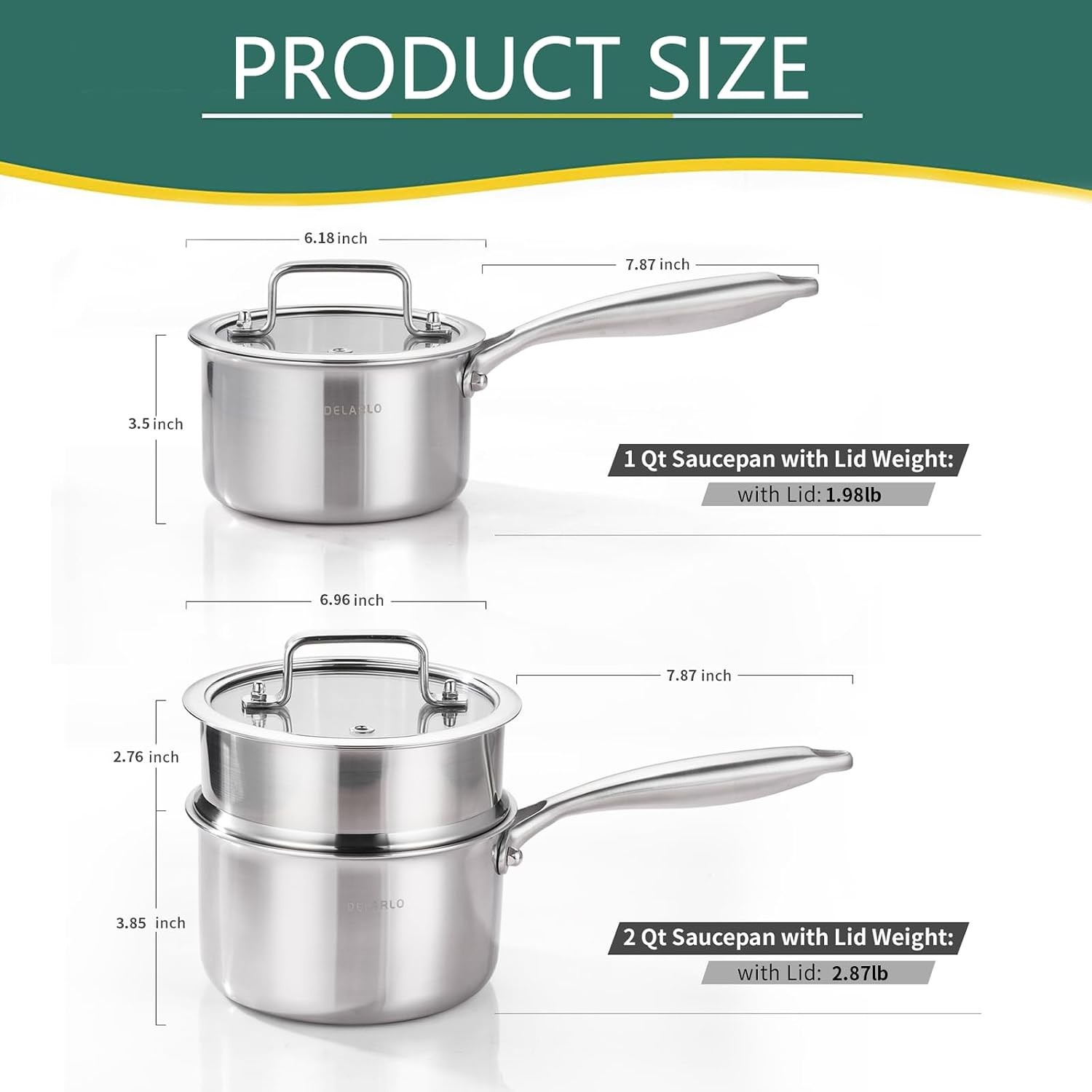 DELARLO Sauce Pan Sets, Compatible with All Cooktops 600℉ (Lids 300℉)