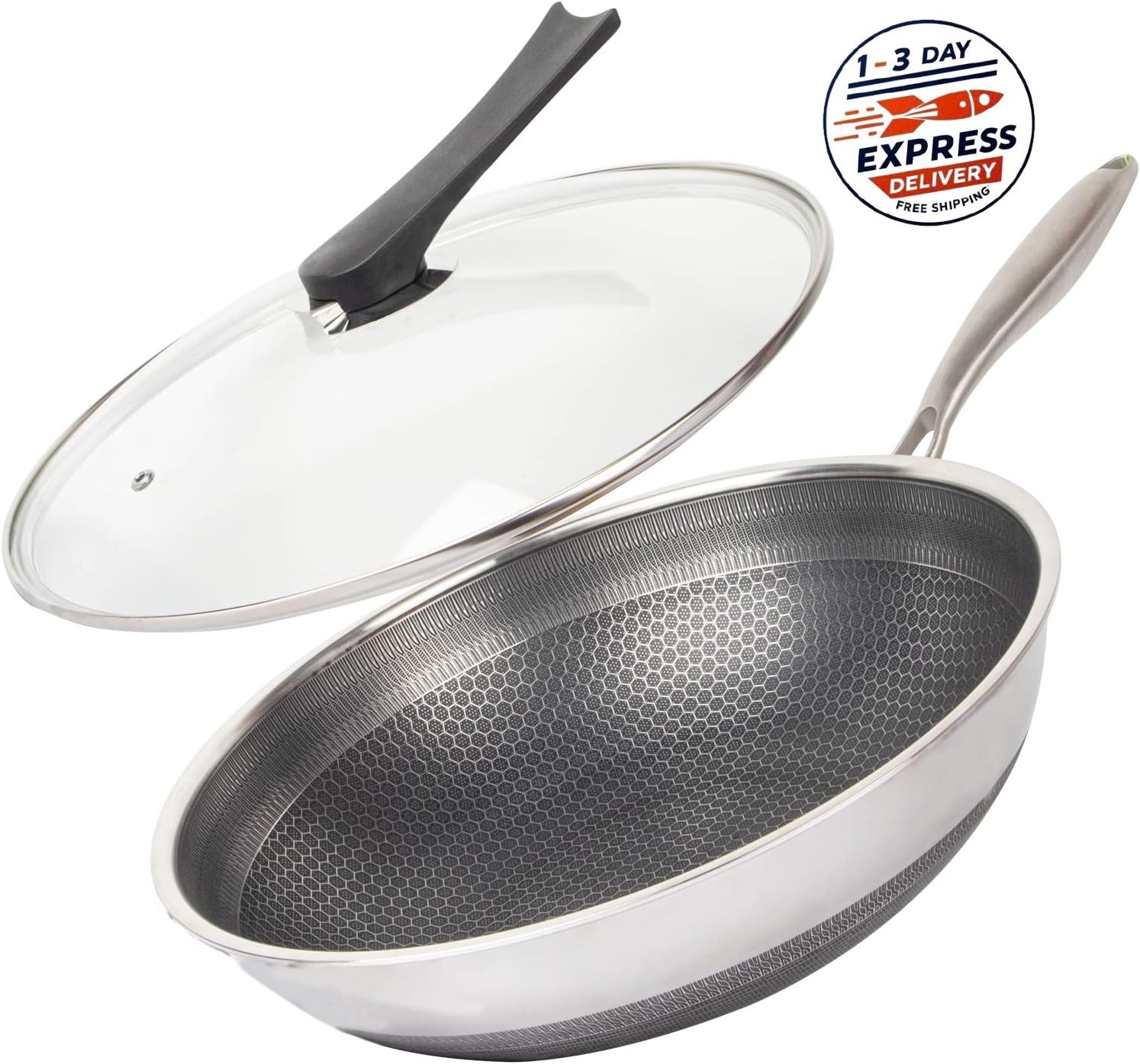 Wok antiadherente de acero inoxidable 316L de 31,75 cm (12,5″) con tapa