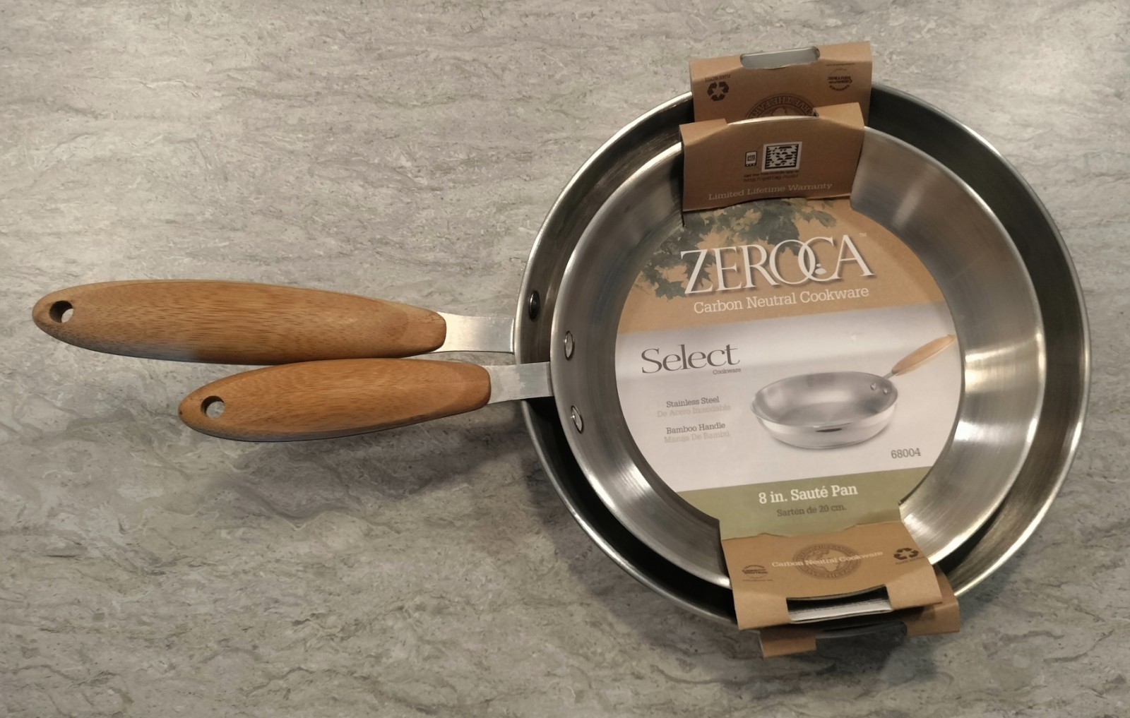 ZEROA Select Stainless Steel Sauté Pan Set 8 in & 10 in Bamboo Handle Two-Piece