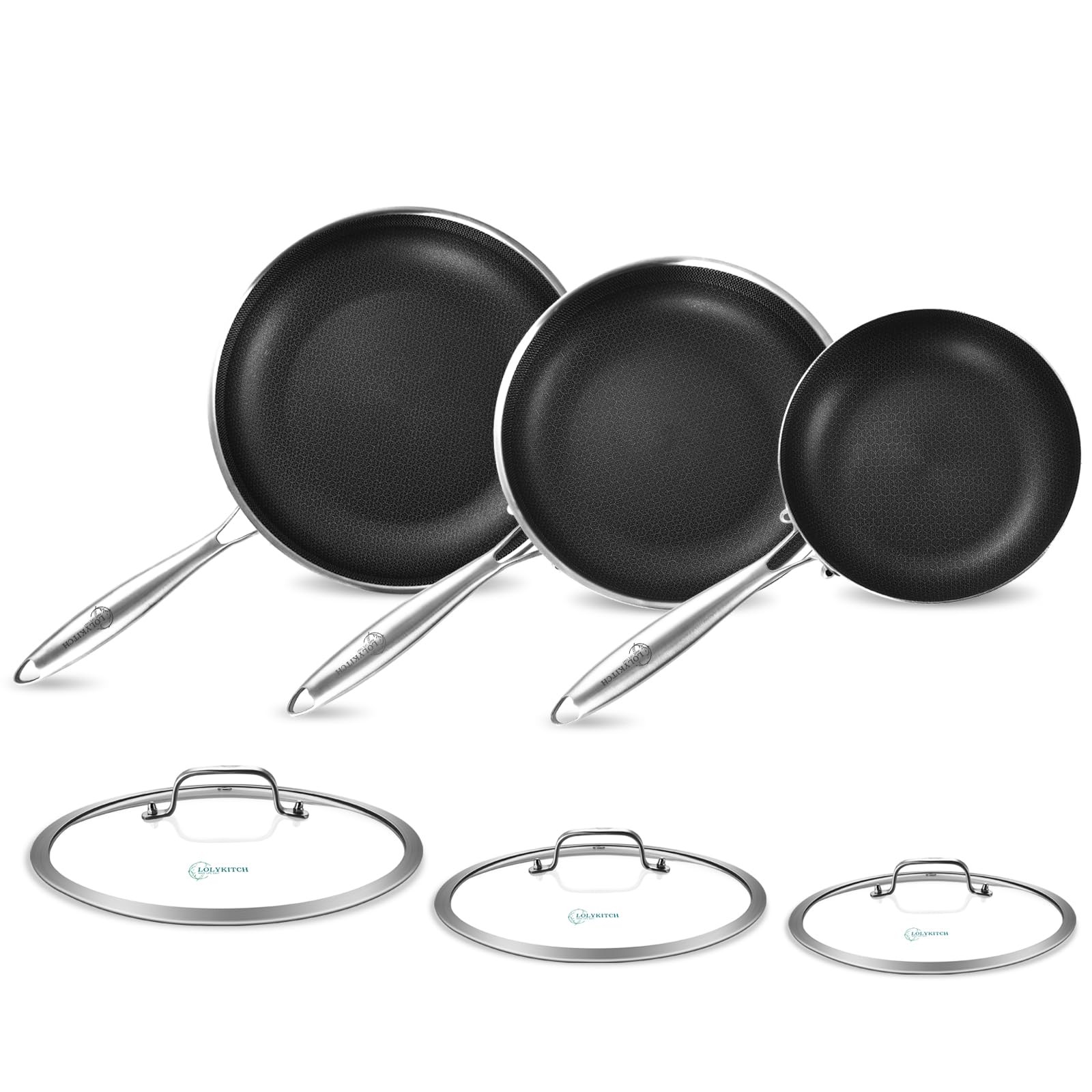 LOLYKITCH 8-10-12 Inch Nonstick Frying Pan Set with Glass Lids | PFOA Free