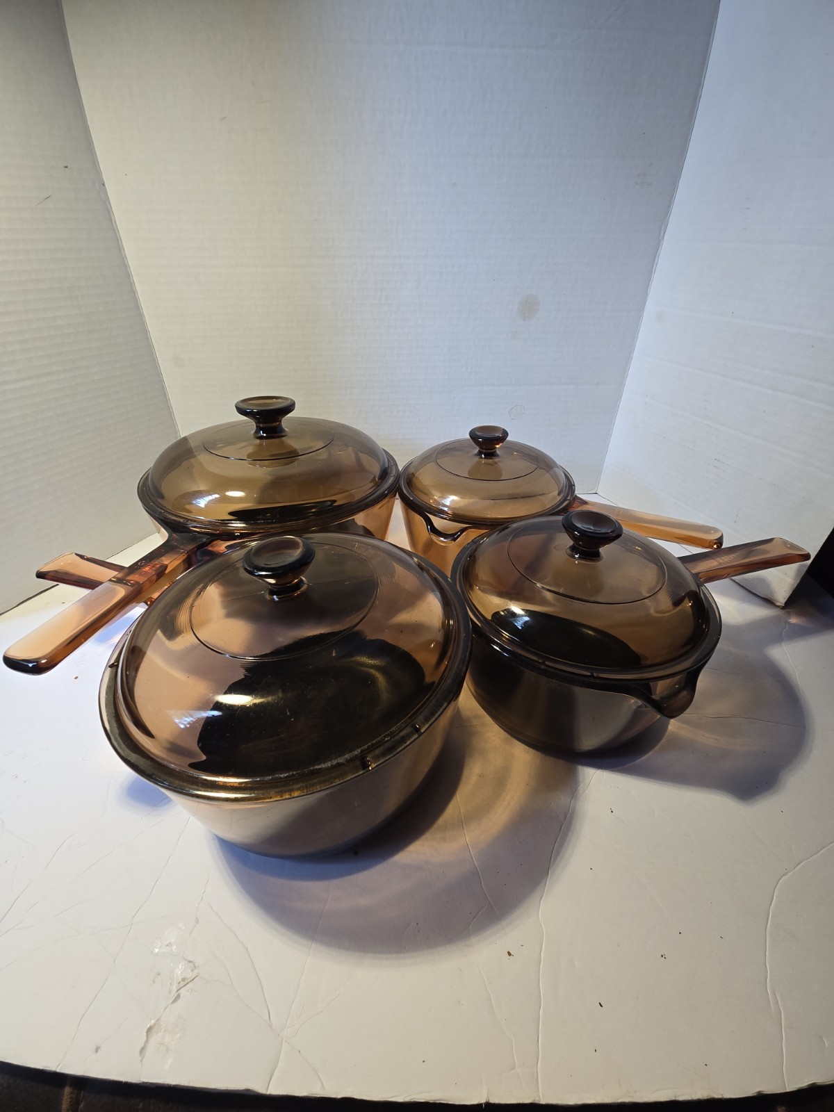 Vintage Amber Visions Glass Saucepans 8-Piece Set Long Handle With Lids