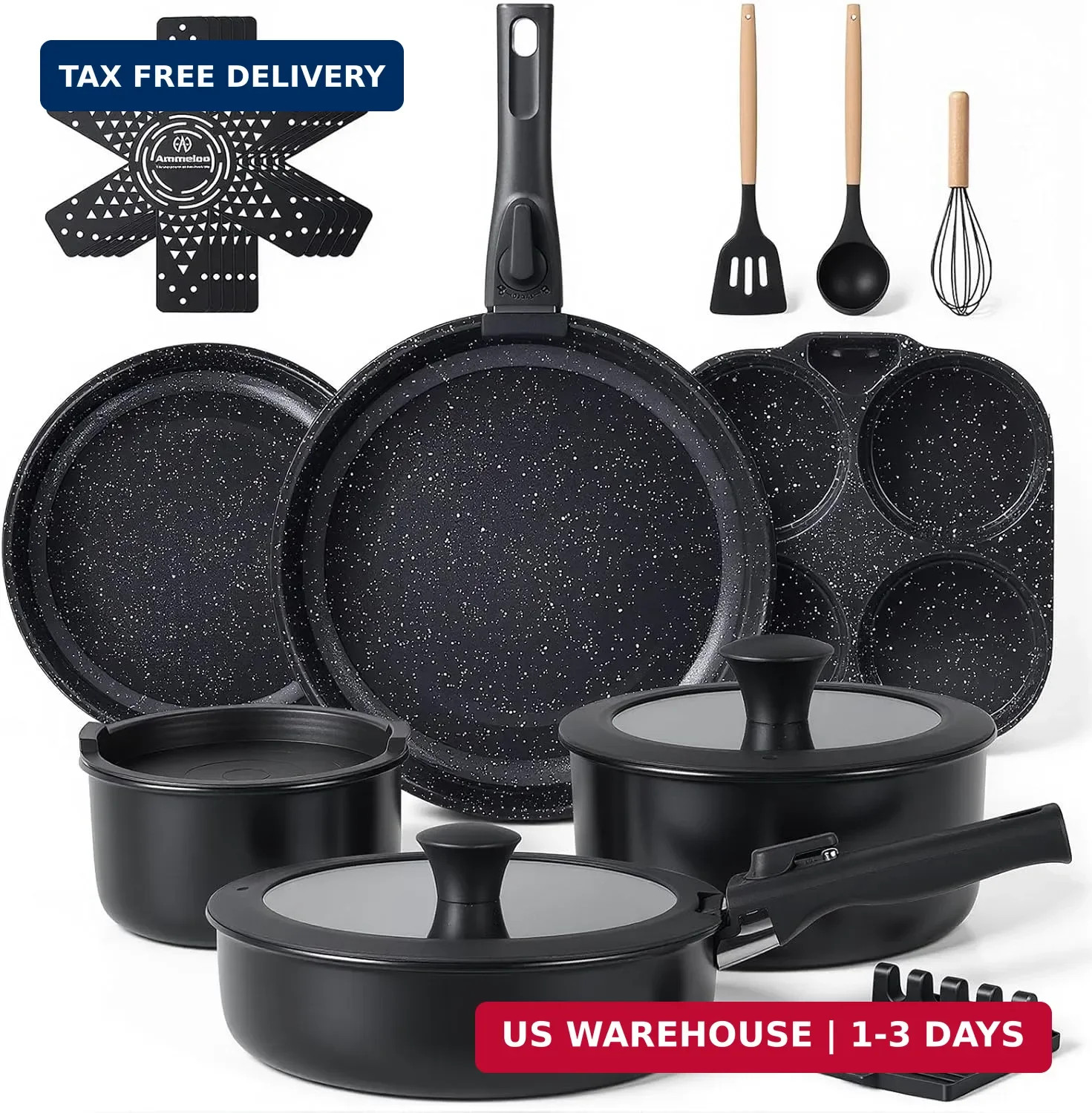 Ammeloo 21-Piece Ceramic Pots and Pans Set Non Stick with Detachable Handles and