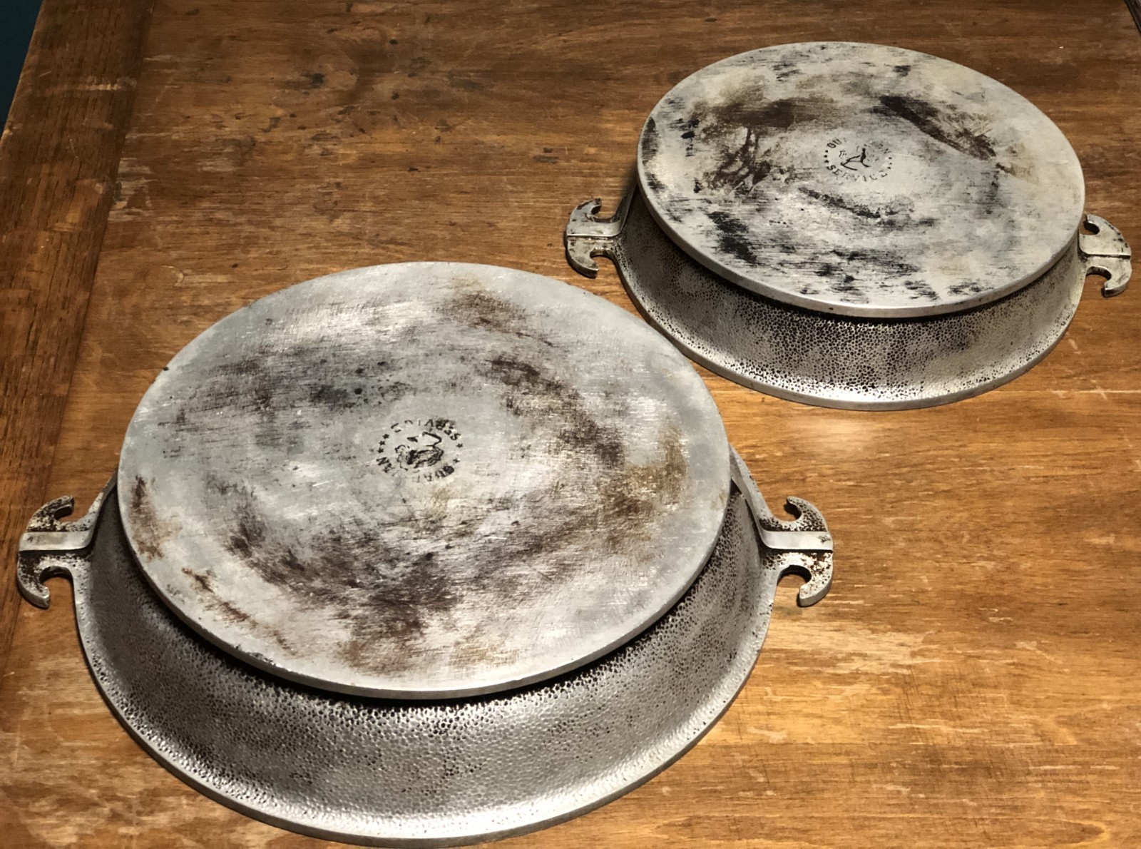 Two Vintage Guardian Service Hammered Aluminum Cookware Casserole Frying Pans