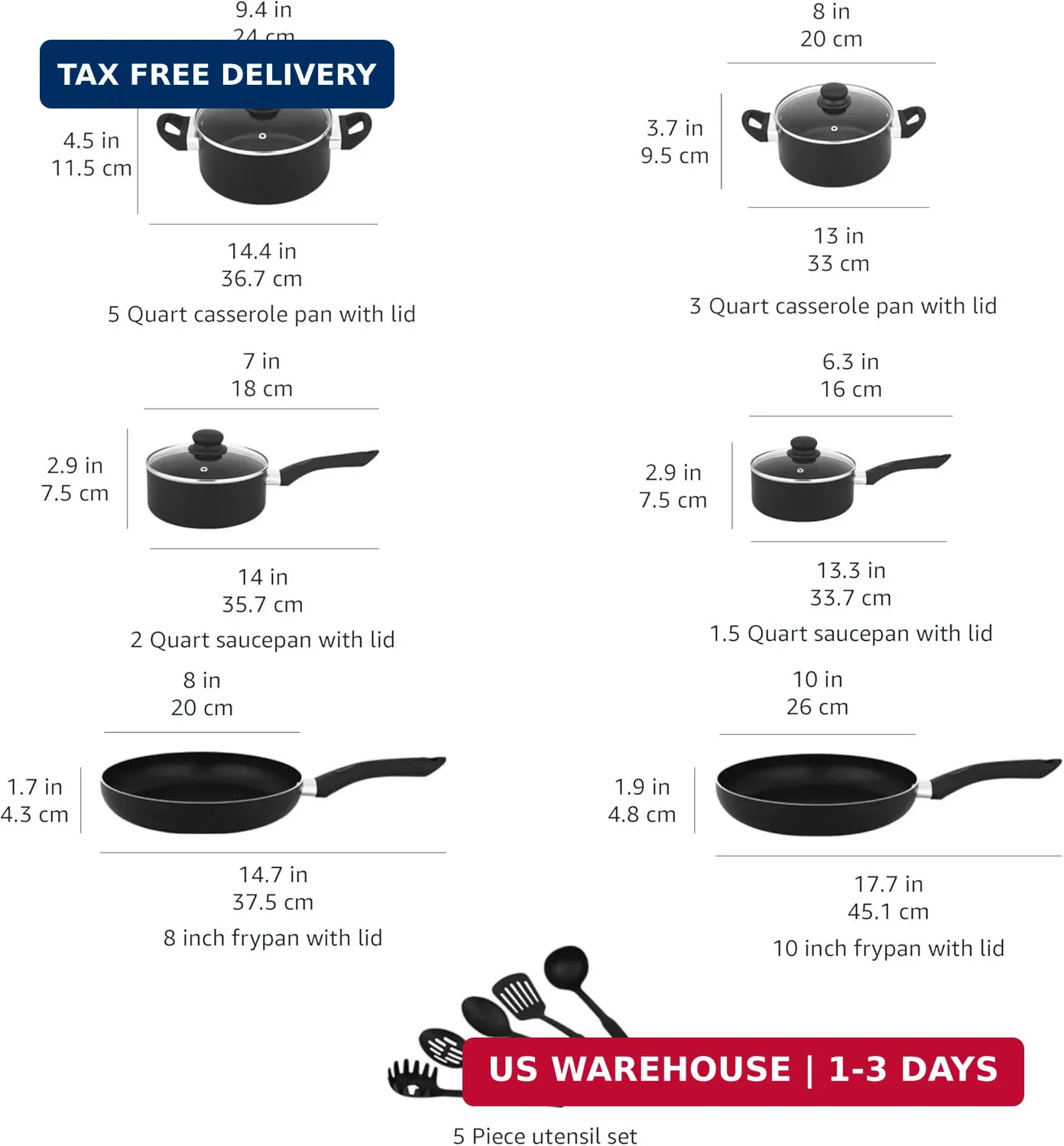 Amazon Basics Non-Stick Kitchen Cookware 15-Piece Set with Stay-Cool Handles, Ev
