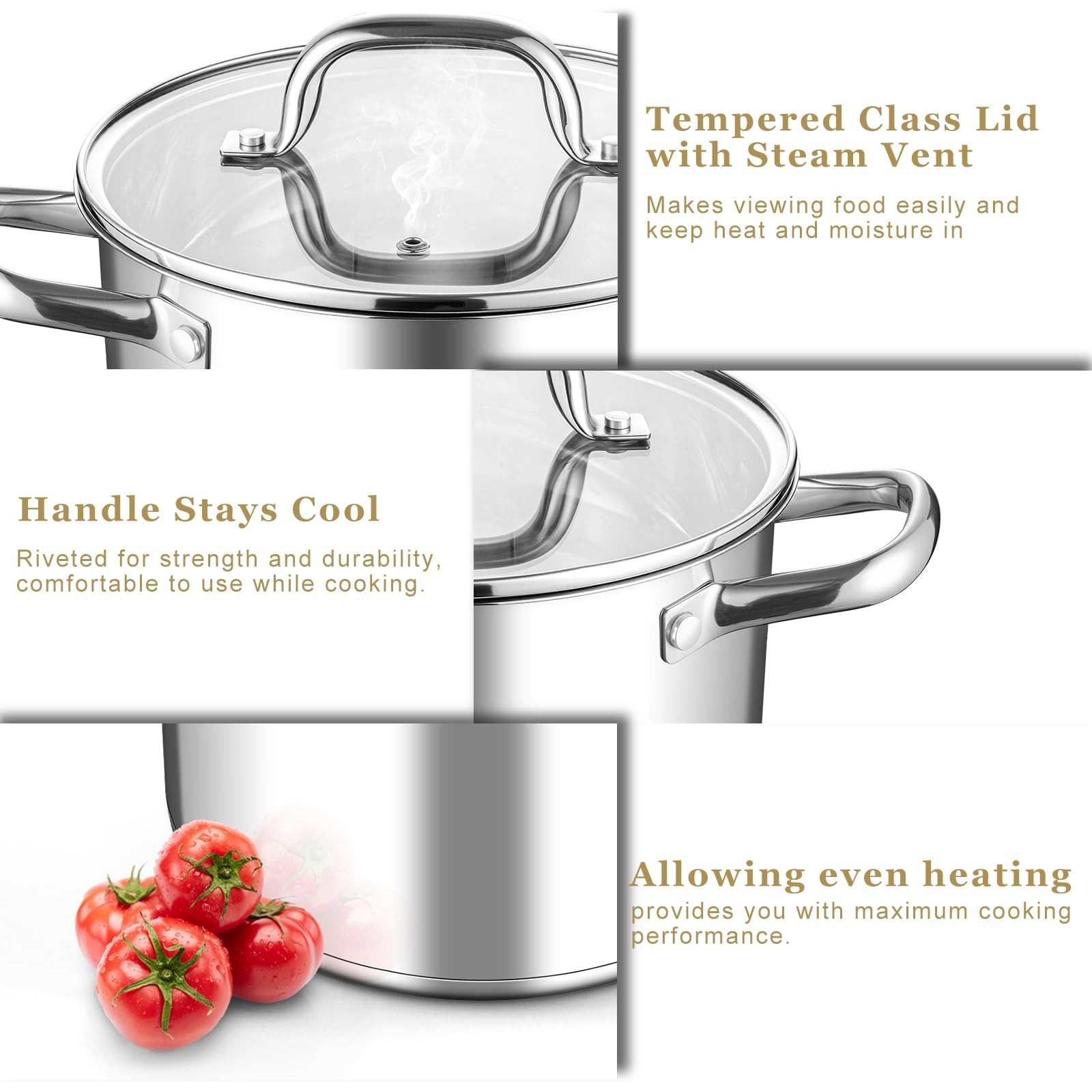 Stainless Steel Stock Pot, 8 Quart Stock Pot with Visible Lid, Heavy Duty 3-P…