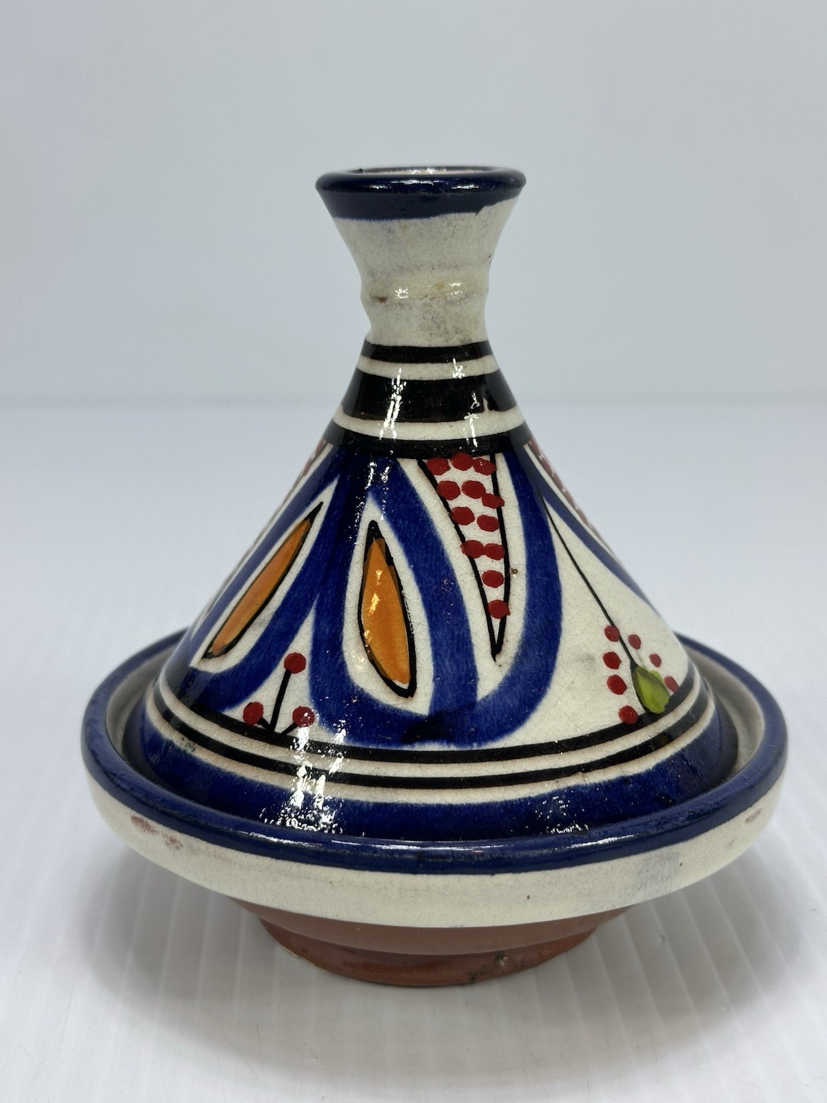 Vintage Small Moroccan Terracotta Tagine Pot Hand Painted Glazed Morocco Signed