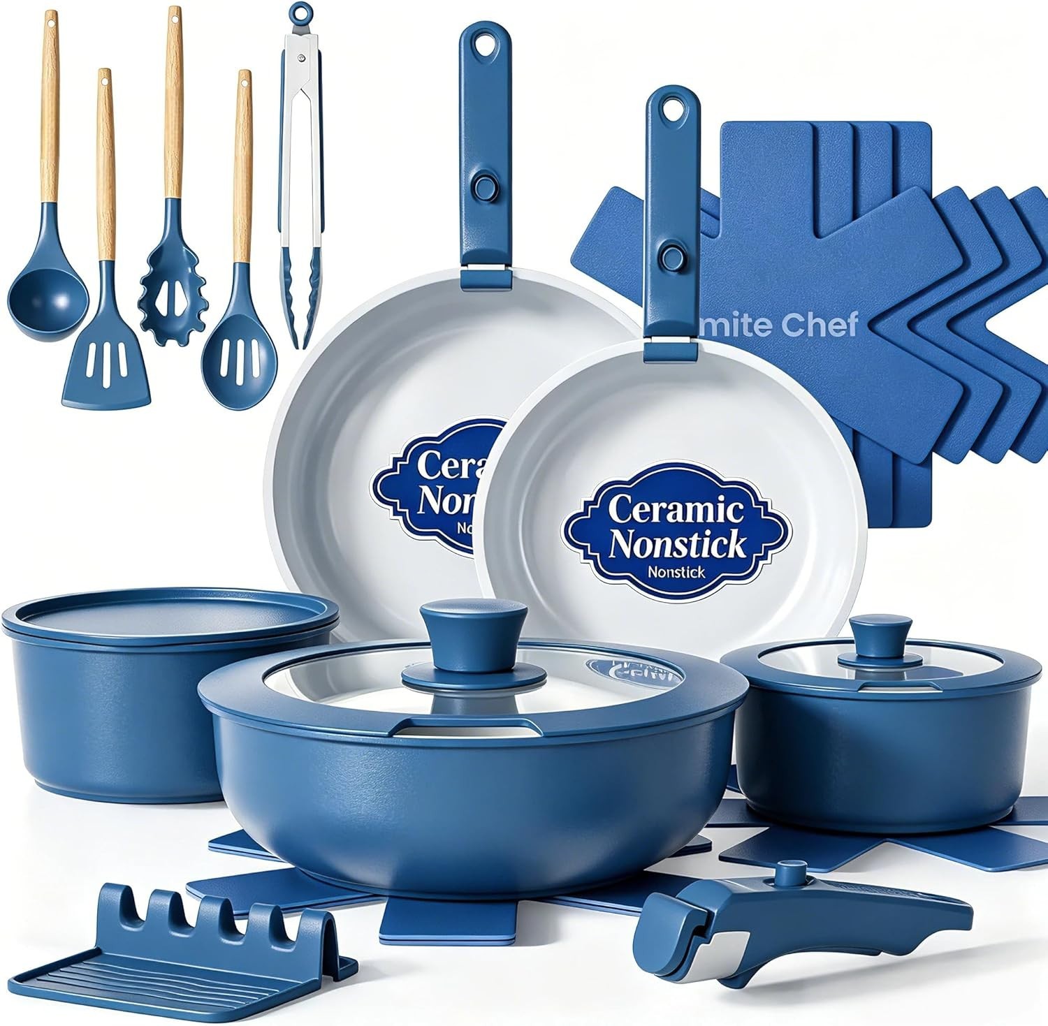 Pots and Pans Set Non Stick, 21 Pcs Ceramic Cookware Set with Detachable Handles