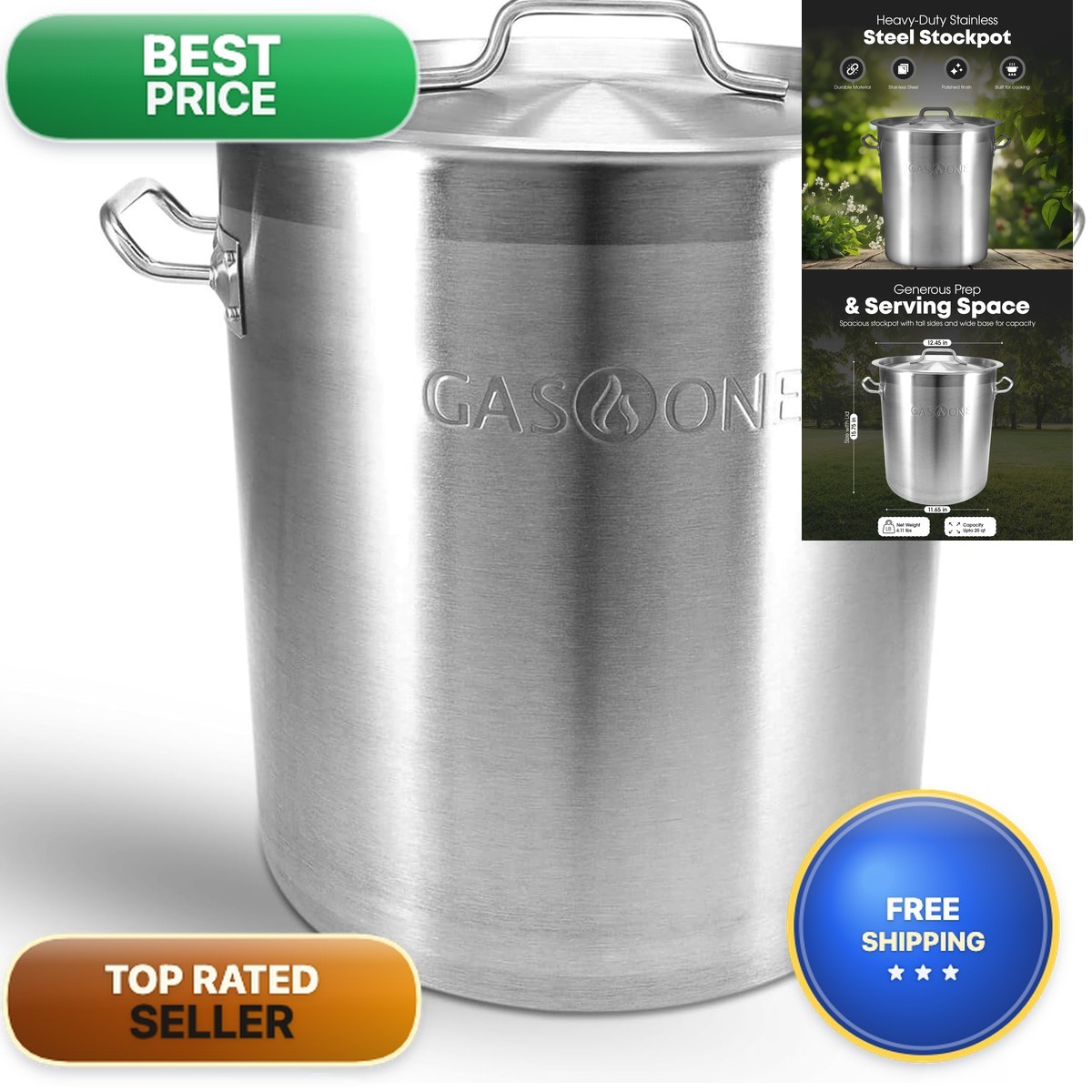 Gas One Stainless Steel 20Qt Stock Pot Lid And Capsule Tri-Ply Bottom