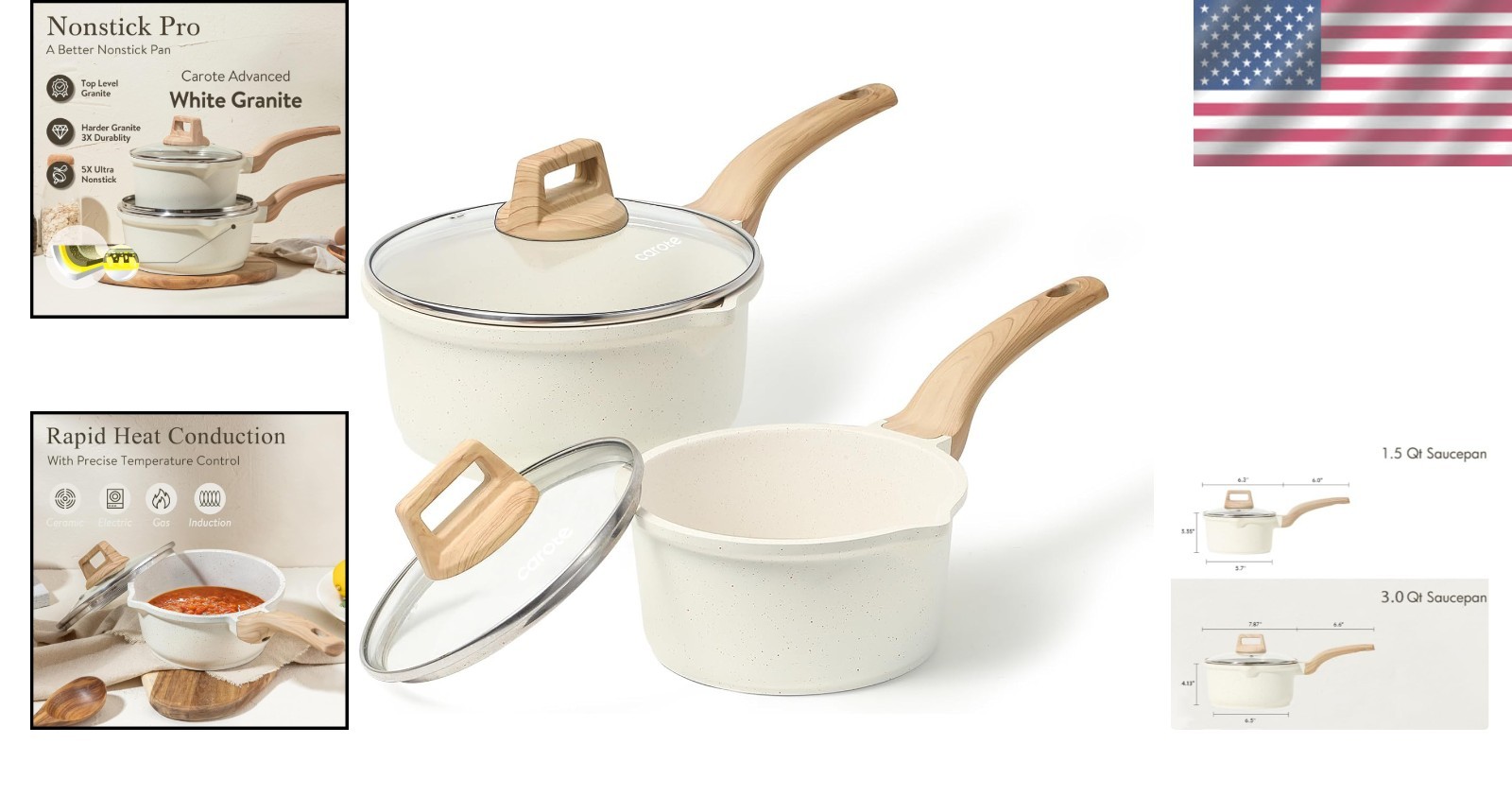Elegant 2-Piece Nonstick Saucepan Set – 1.5Qt & 3.0Qt White Granite Cookware