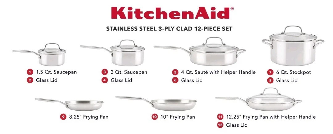 KitchenAid Tri-Ply Clad Stainless Steel 12-piece Cookware Set, NEW