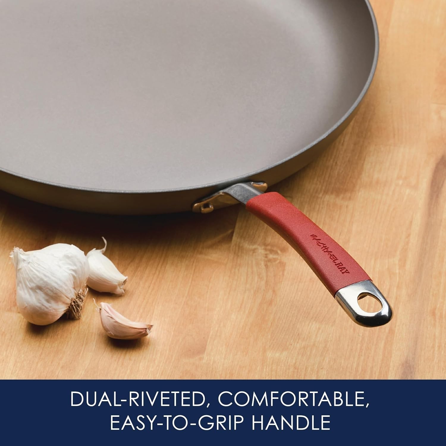 New Cucina 14″ Hard Anodized Nonstick Frying Pan Gray Red Handles