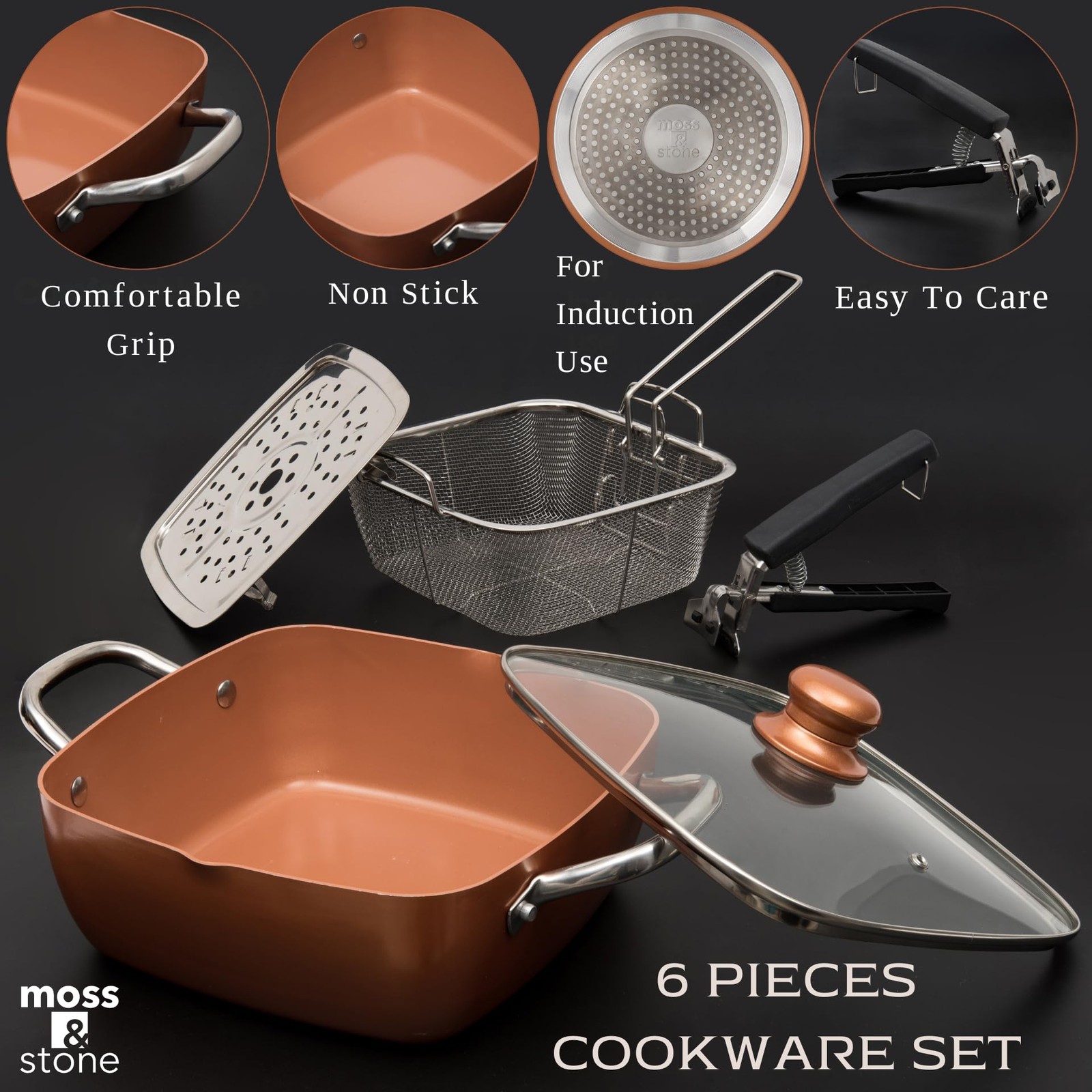 Moss & Stone 6 Pcs Copper Chef Cookware Non Stick Deep Frying Pan 9.5″ x 3.5″…