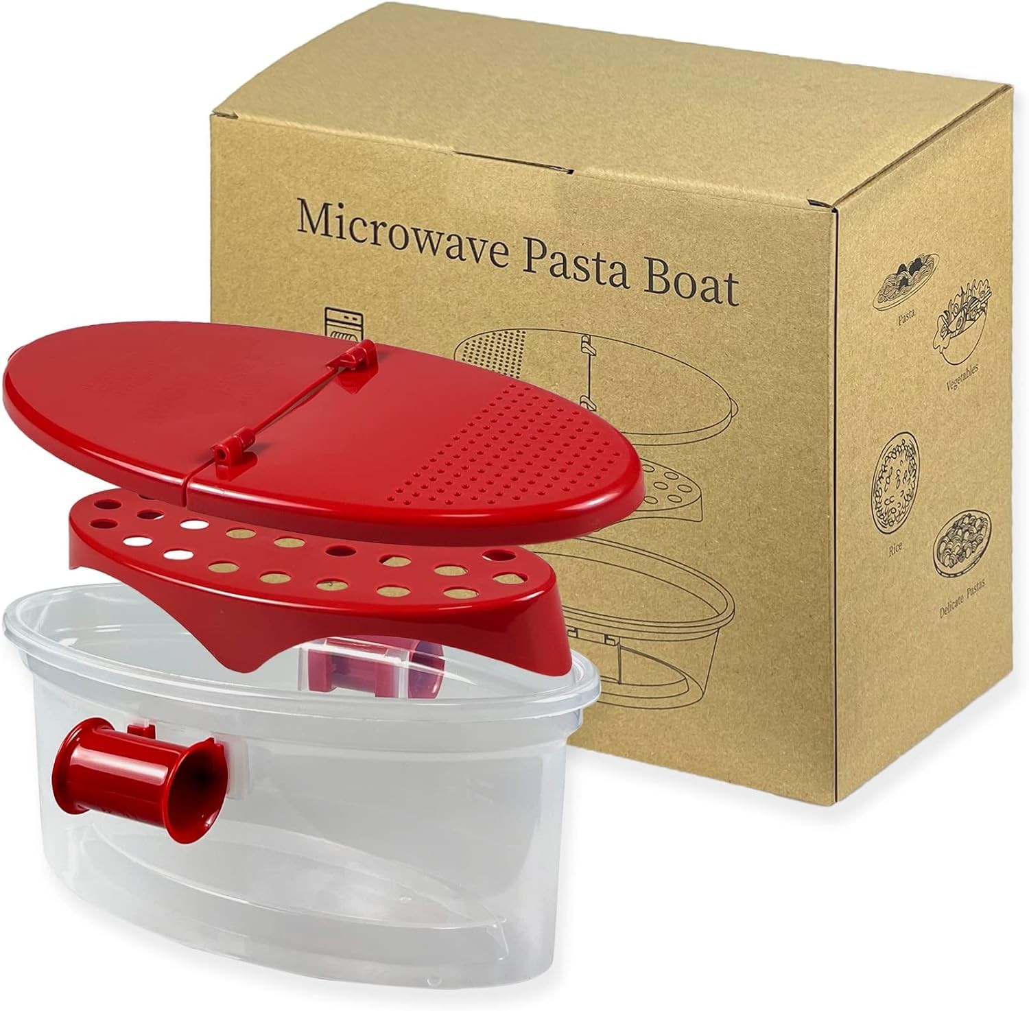 Microwave Pasta Boat with Strainer – Cooker for Rice, Vegetables, Chicken