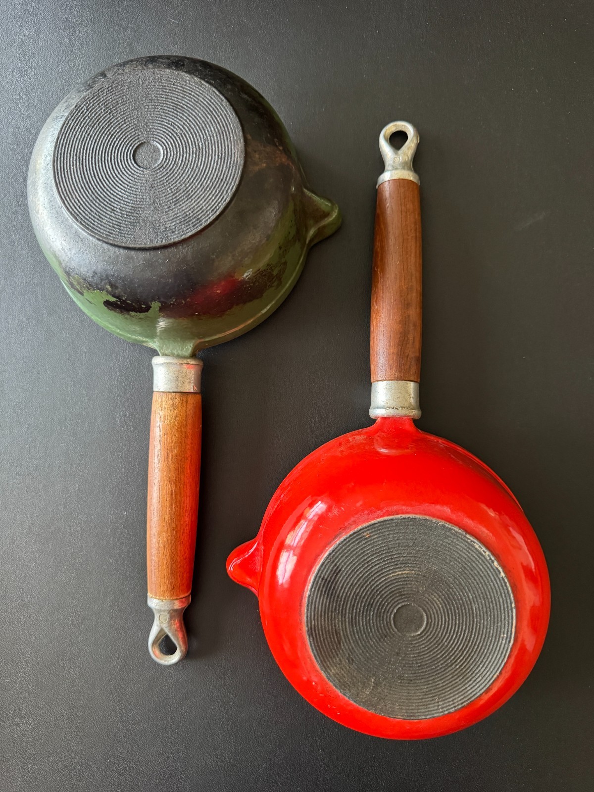 2 Vintage Lavec 1 Quart Saucepans Enameled Cast Iron: Red & Green w/Wood Handles