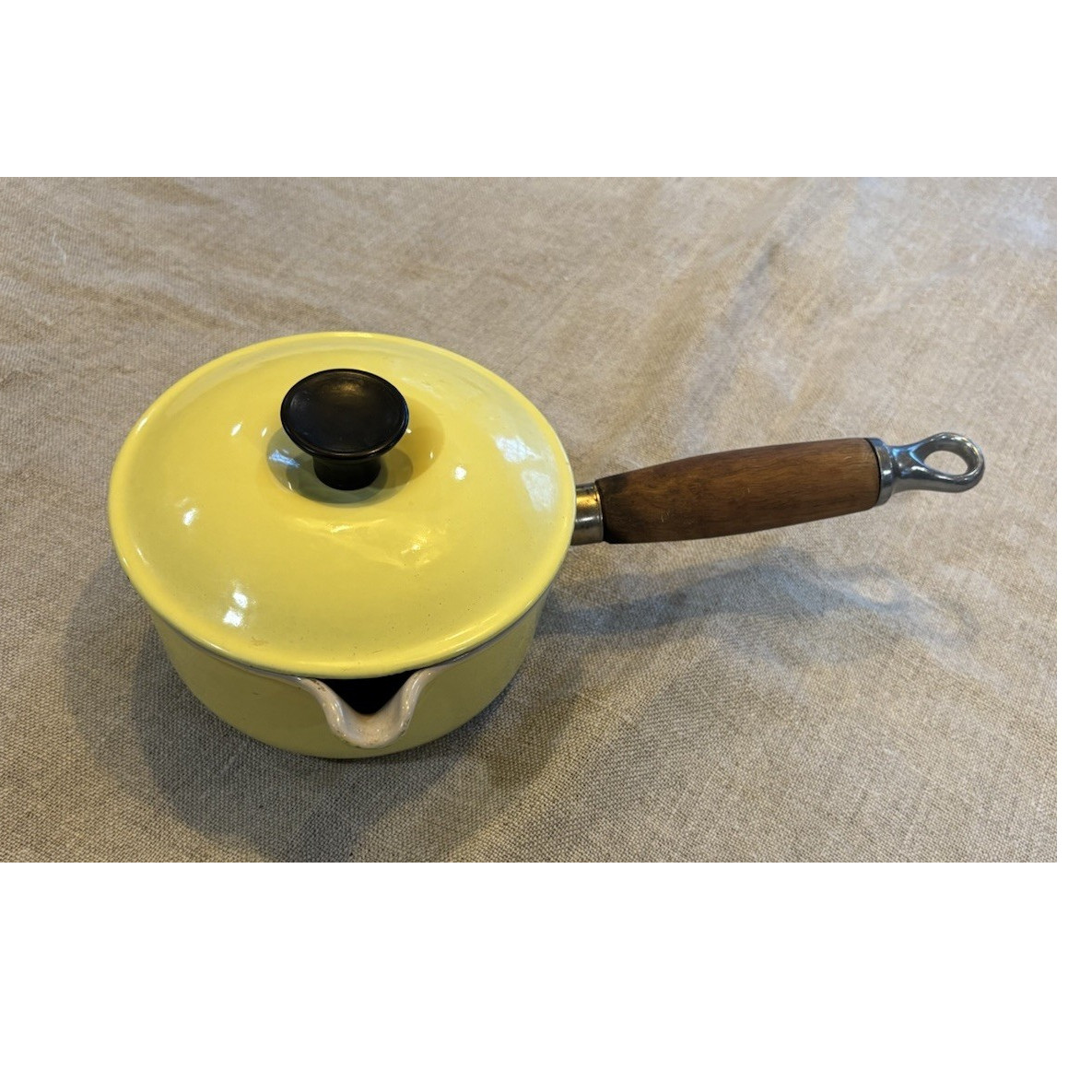 Vintage Le Creuset #14 Yellow Enameled Cast Iron Saucepan Wood Handle Lid France