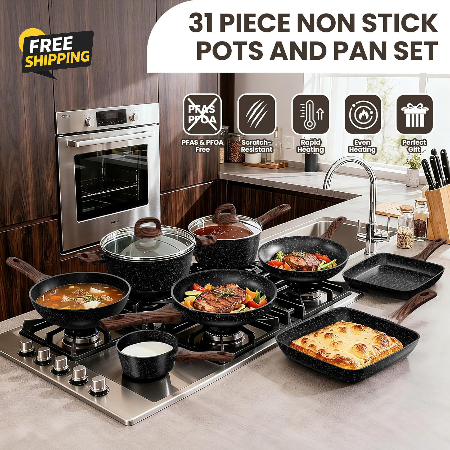 Pots and Pans Set Non Stick, 31 Piece Kitchen Induction Cookware & Bakeware Set,