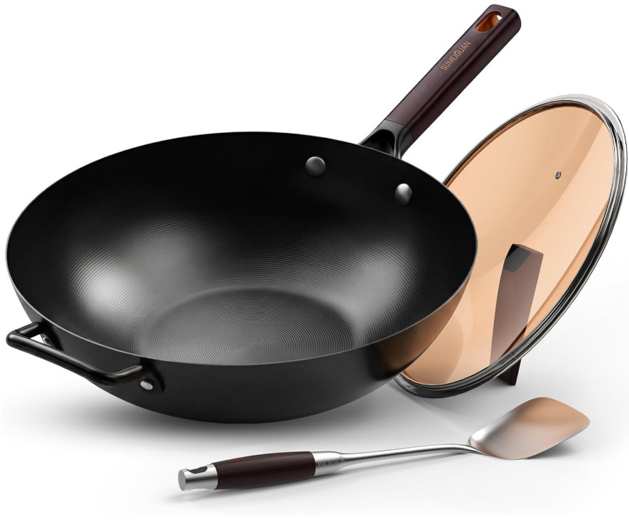 Wok Acero al Carbono 13,5” con Tapa y Espátula Apto Inducción Gas Camping