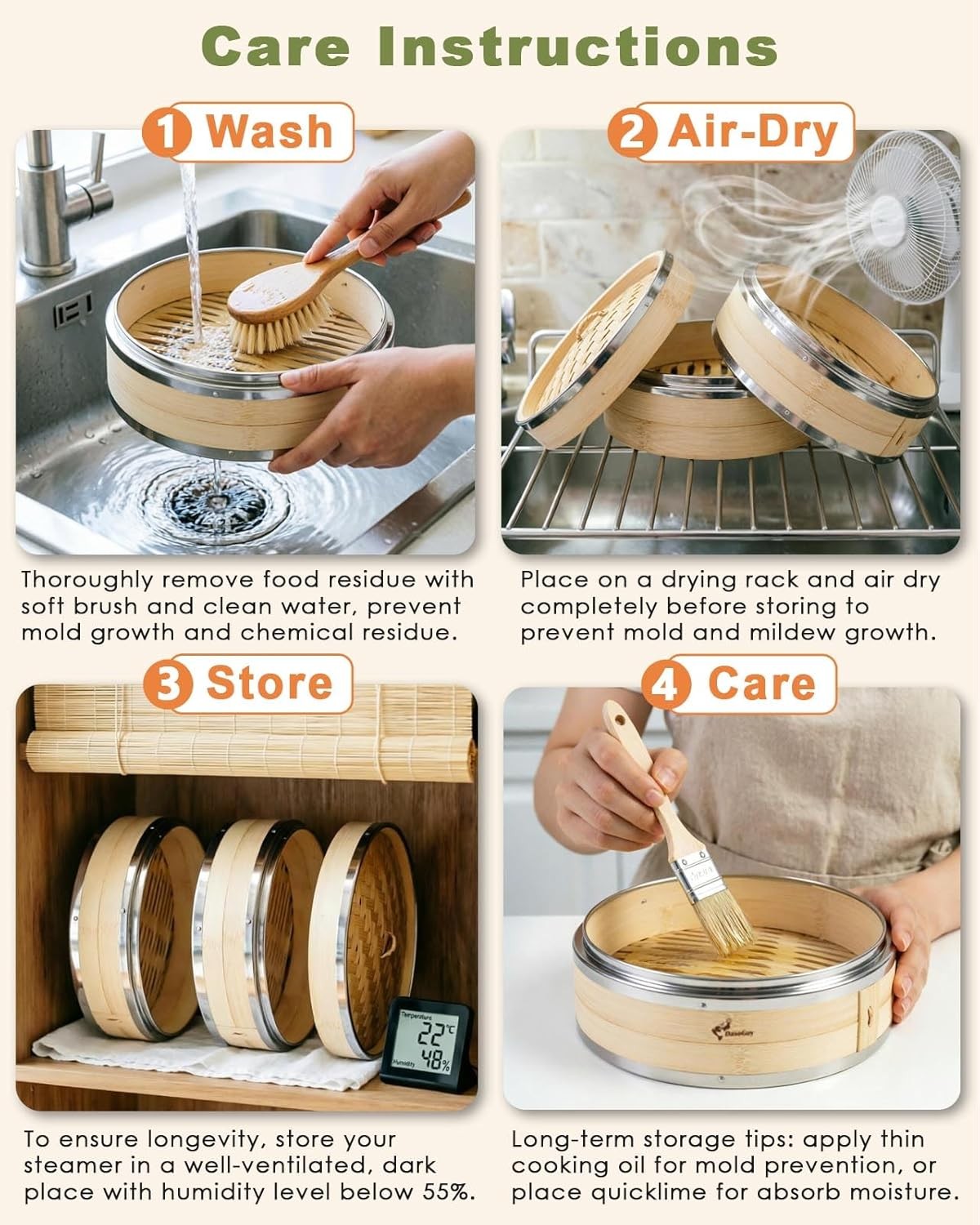 Bamboo Steamer Basket, Stainless Steel Reinforced Rim, 12-Inch 2-Tier Steamer