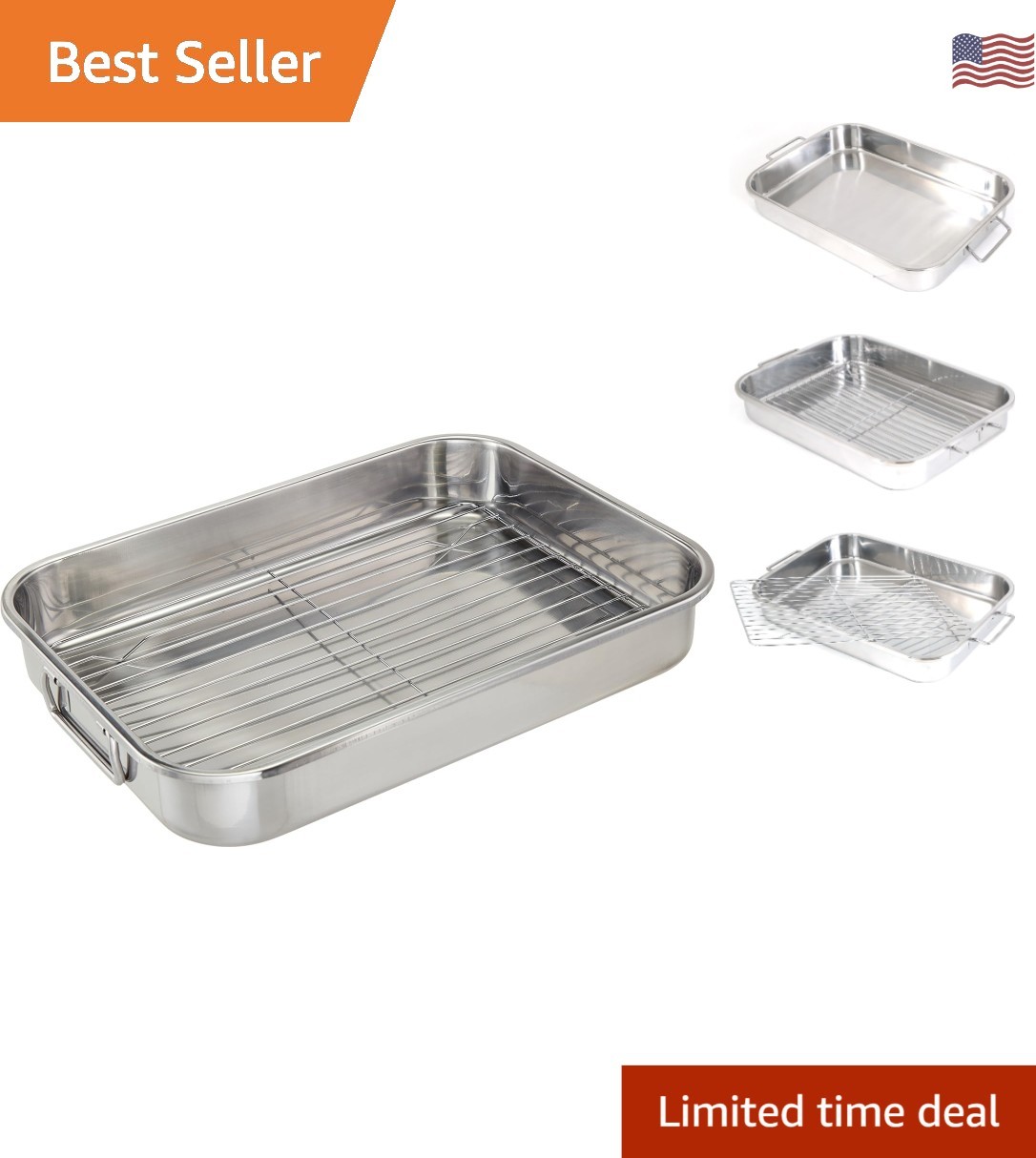 Compact 15.25″ Rectangular Stainless Steel Roaster with Chrome Rack Included