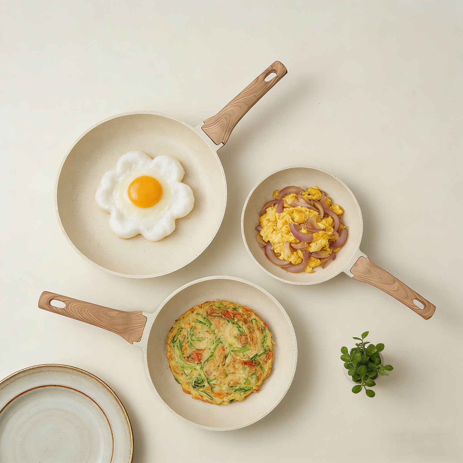 3-Piece Aluminum Nonstick Frying Pan Set Kitchen Healthy Cookware Pan Beige